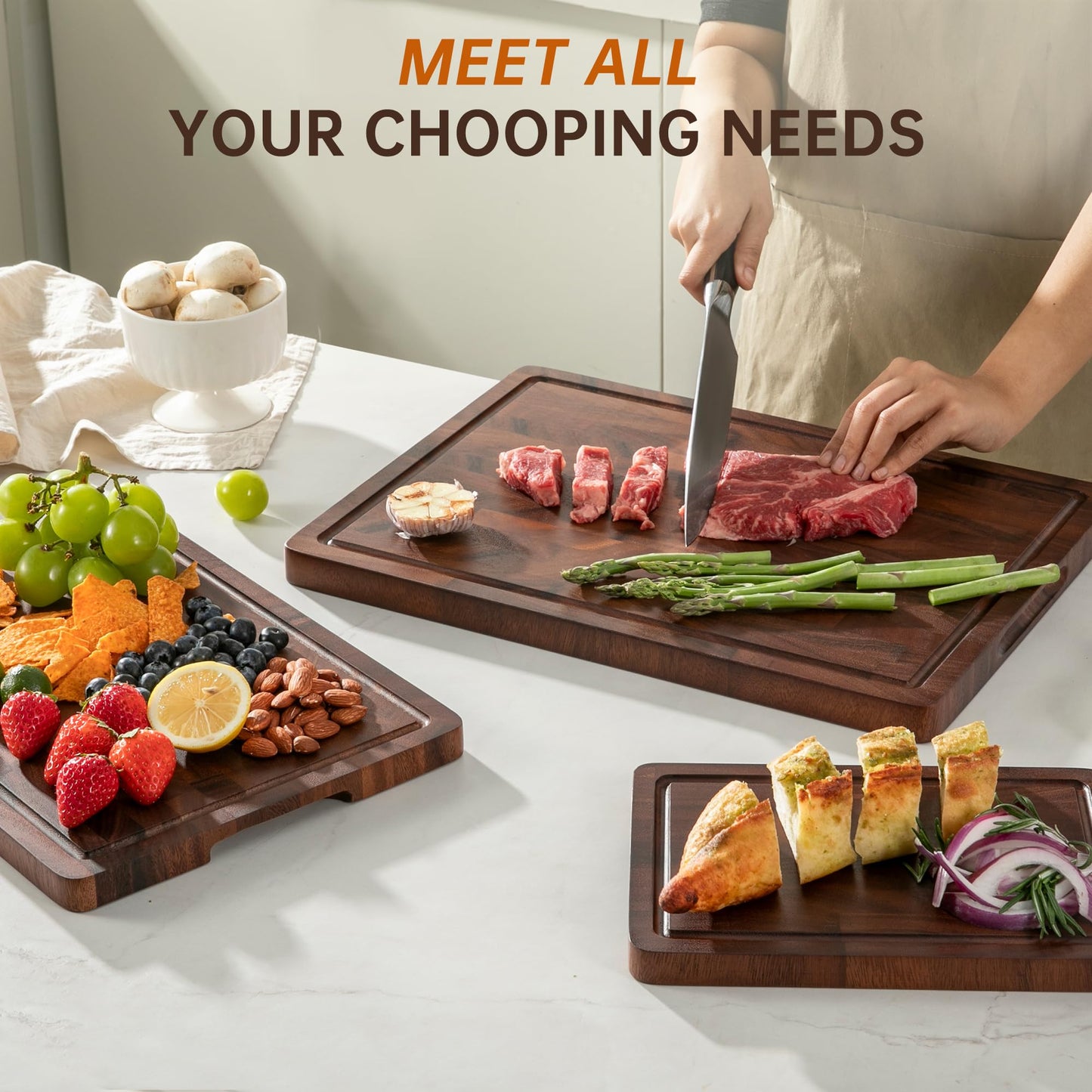 THETCHRY Walnut Wood Cutting Board Set, End Grain Cutting Boards for Kitchen with Handle, Non Toxic Wooden Charcuterie Boards Double Sided, Butcher Block for Meal Prep & Serving with Gift Box