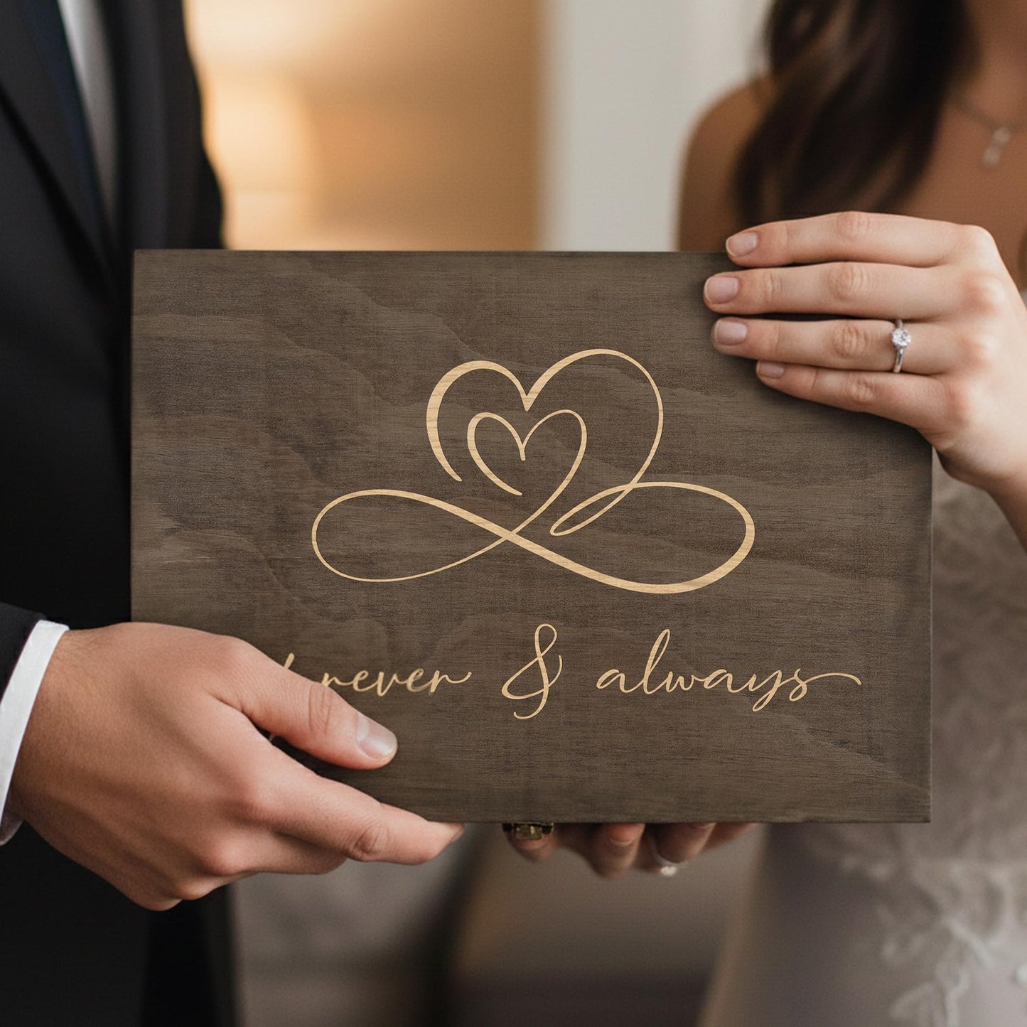 Rustic Wooden Memory Box – Medium Keepsake Storage Box with Double-Sided Engraving – “Forever & Always” Outside & “Every Love Story…” Inside – Personalized Gift for Couples, Wedding, Anniversary