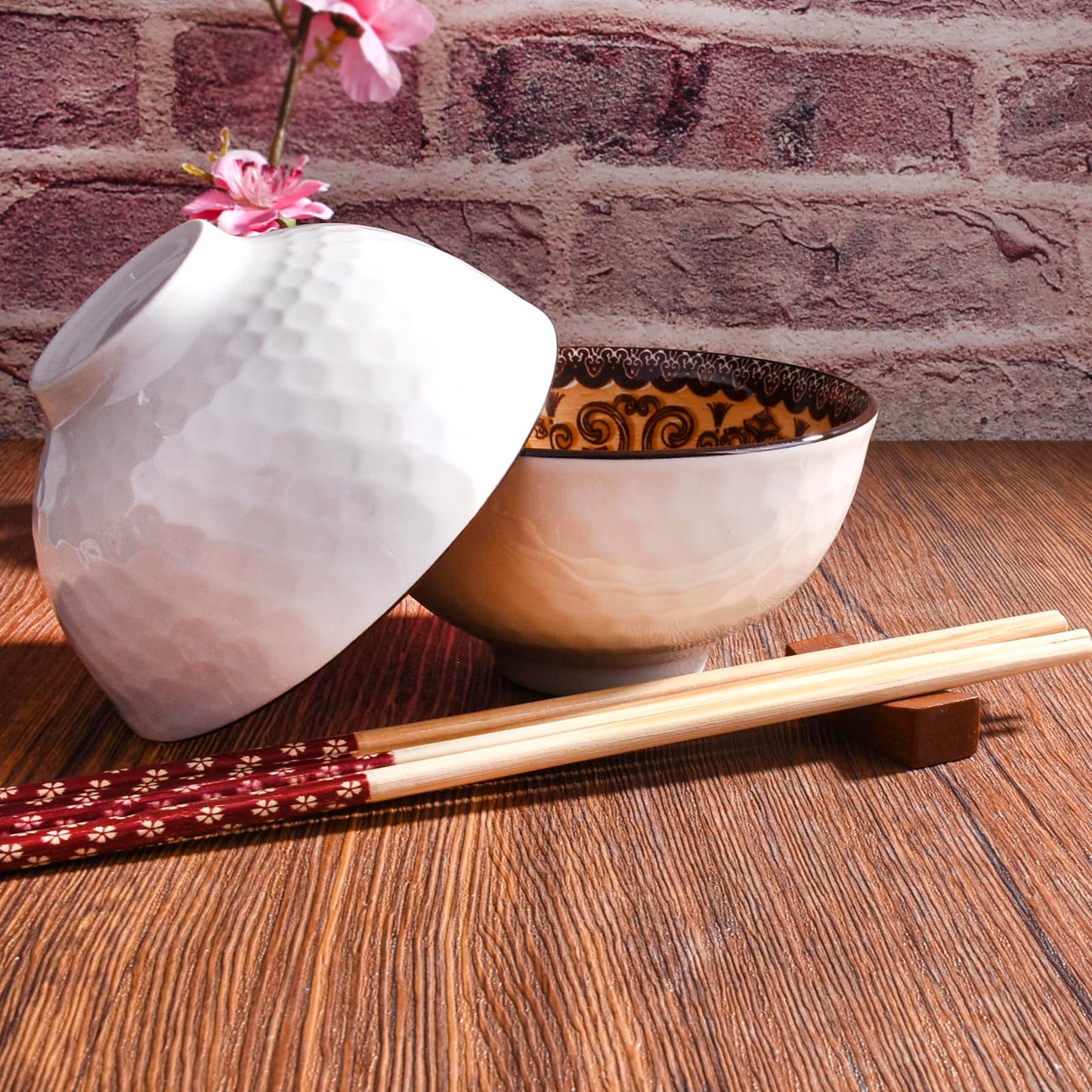 Ceramic Rice Bowl Set with Chopsticks Set of 2, Japanese Style Dining Bowls, Decorative Gift Box Package (2, LM)
