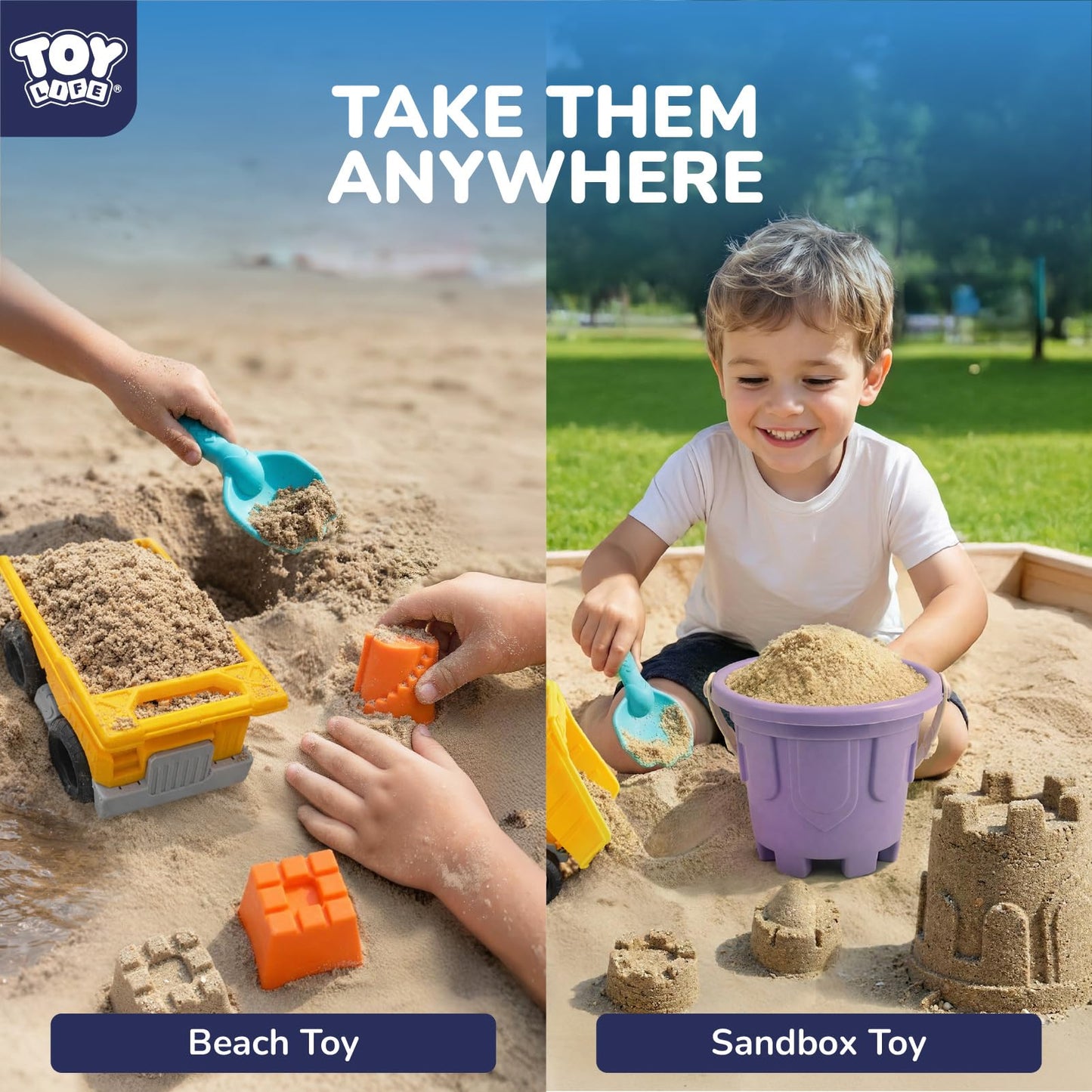 TOY Life 23 Pcs Beach Toys for Kids Sand Toys with Construction Cars Castle Bucket Shovels & Sand Castle Building Kit Molds, Sandbox Toy for Summer Water Play, Travel, Fishing