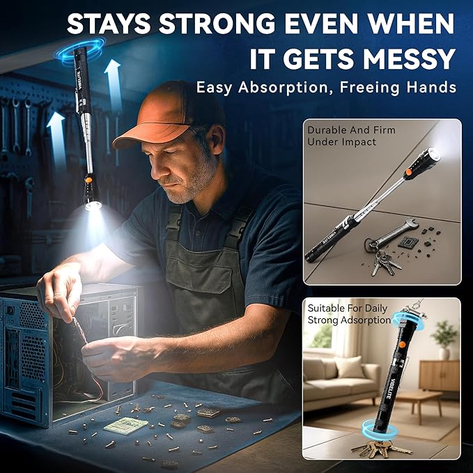 VIBELITE Extendable Magnetic Flashlight with Telescoping Magnet Pickup Tool-Cool Gadget Christmas Gifts Stocking Stuffers for Men, Husband, Dad, Father, Mechanic, Tech, Handyman, Him, Women, Black