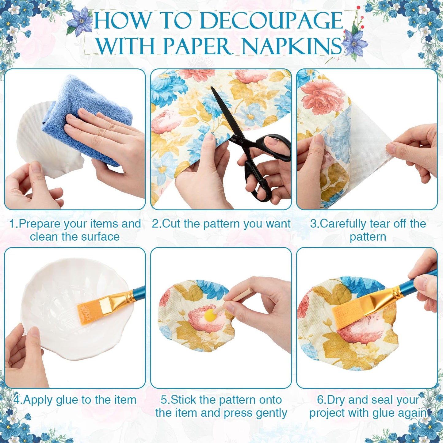 Crtiin 48 Pcs Decoupage Kits, 18 Pcs 4'' White Scallop Shells, 24 x Assorted Decoupage Paper Napkins with Glue Paint Strips Pigments and Paint Brushes for Home Decor Ornaments DIY Arts Crafts (Flower)