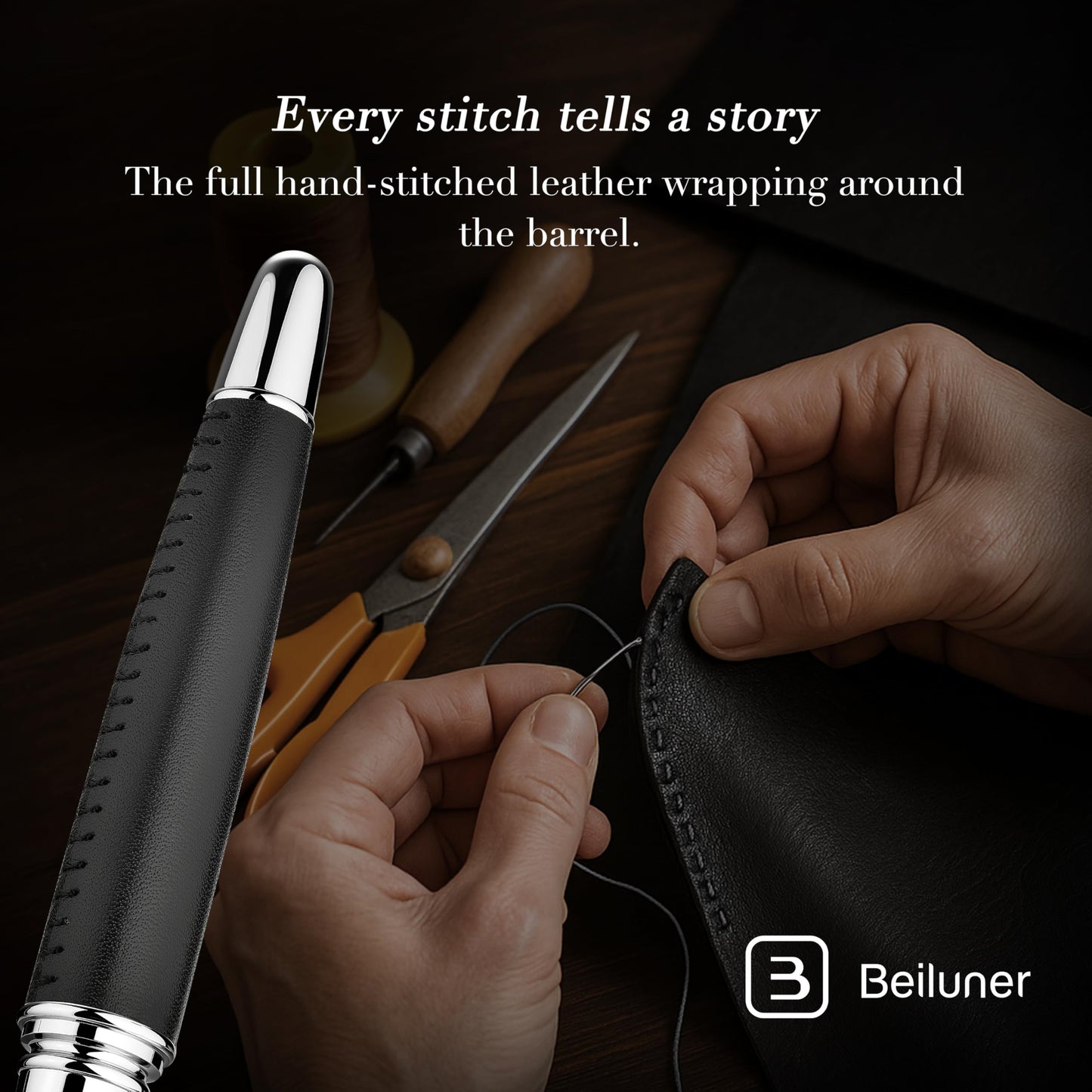 BEILUNER 318 Luxury Leather Pen, Hand-Stitched Premium Leather, Chrome-Plated Finish, Schmidt Ink Refill, Best Rollerball Pen Gift for Men & Women, Refillable, Executive Writing, Nice Pens