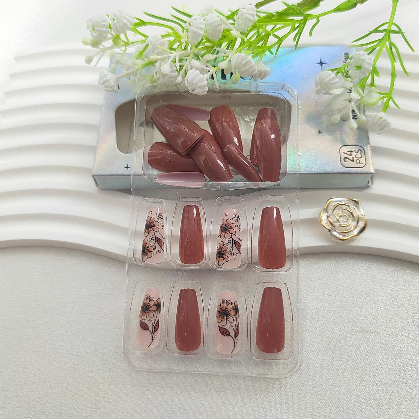 Medium Press On Brown Glossy Glue On Nails - 24Pcs Winter Fall Acrylic False Nails with Floral Designs