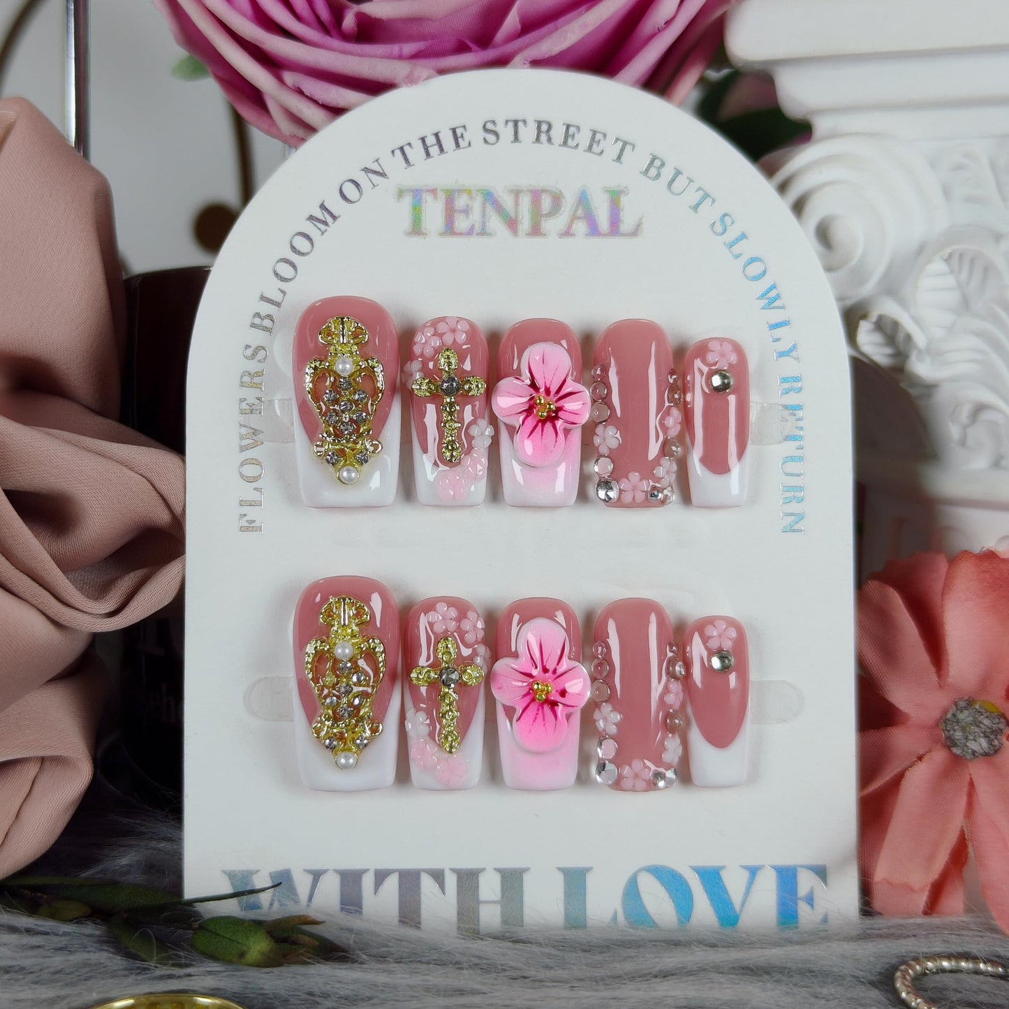 TENPAL Squoval Press on Nails Medium - White French Tips with 3D Cross & Floral Lace, Reusable & Handmade False Nails for Edgy Everyday Wear | Sweet Gothic Style(M)