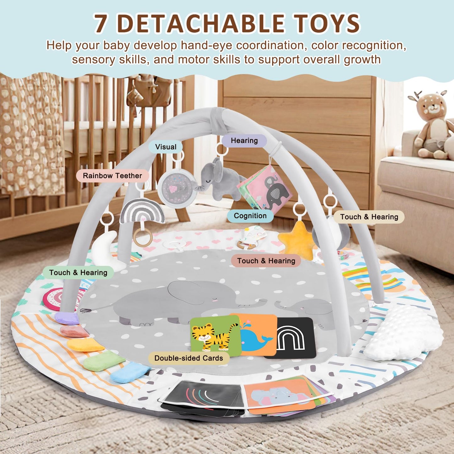 Baby Play Gym & Activity Mat, Tummy Time Mat with Cloud Toy, 7 Detachable Sensory Toys and Educational Cards for Motor Skills & Sensory Development, Baby Essentials Shower Gift, Grey Elephant