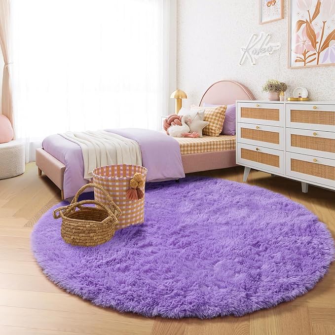 Amdrebio Purple Round Rugs 4Ft for Girls Bedroom Decor Aesthetic, Fluffy Fuzzy Circle Area Rugs for Kids Room, Soft Cute Furry Plush Shaggy Throw Lavender Carpet for Living Room, Baby Nursery, Dorm