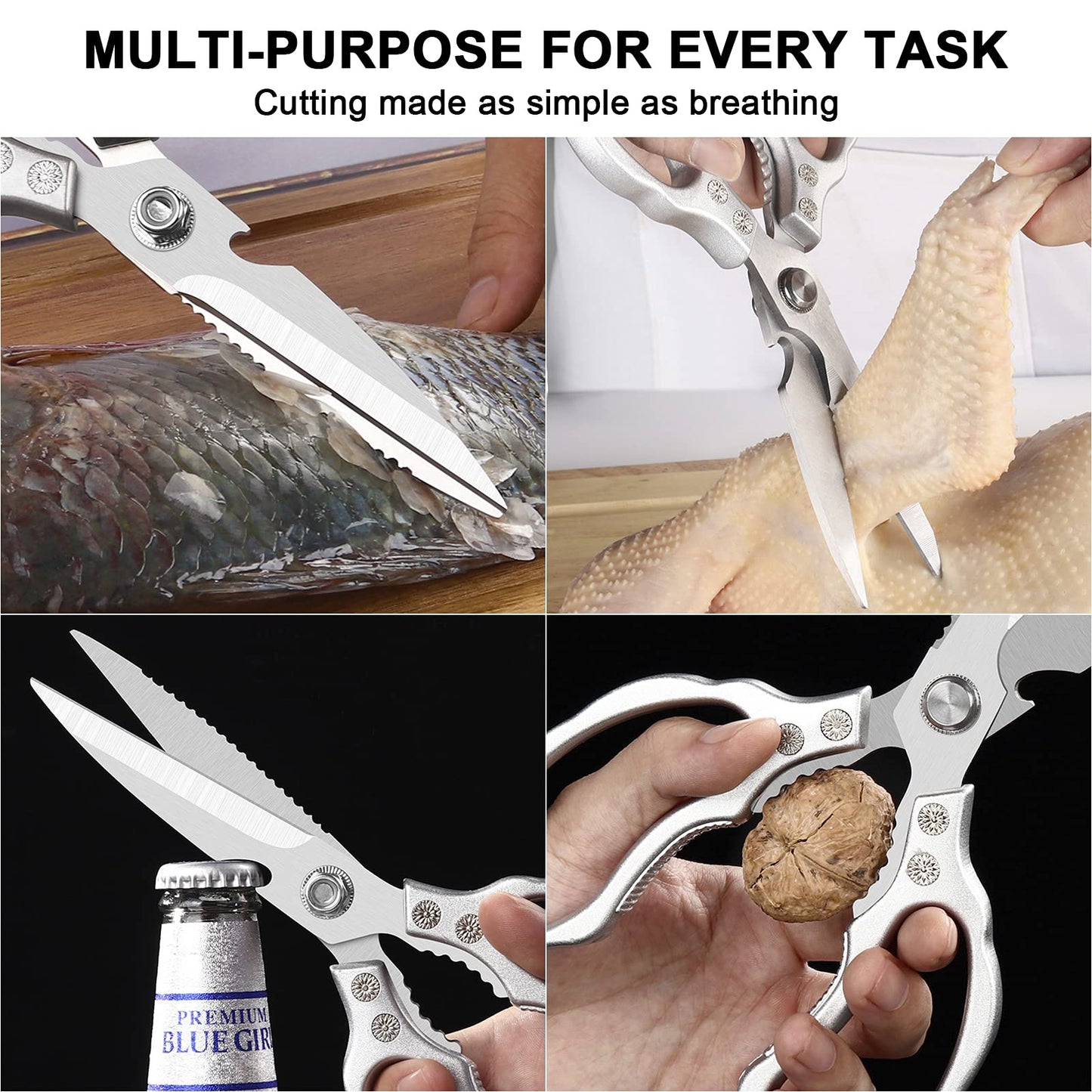 CGBE Kitchen Scissors, Multi-Purpose Kitchen Shears, Heavy Duty Dishwasher Safe Food Scissors for Chicken, Poultry, Fish, Meat & Herbs with Non-Slip Grips - Sliver