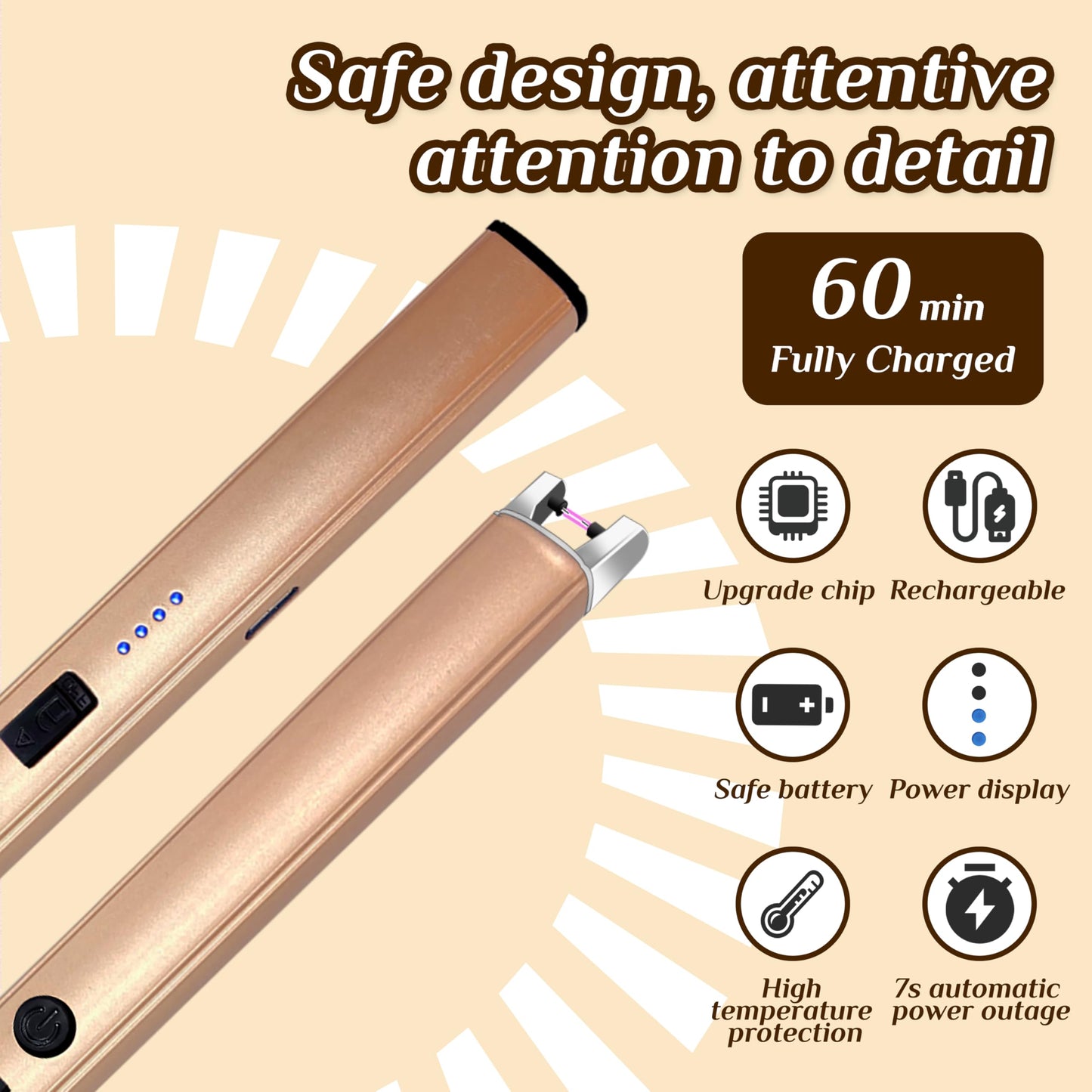 2 PCS Candle Lighter,Windproof Flameless Electric Lighter with LED Power Display ＆ Safety Switch, Upgraded Plasma USB Rechargeable Lighters for Birthday Camping BBQ (Champagne Gold)