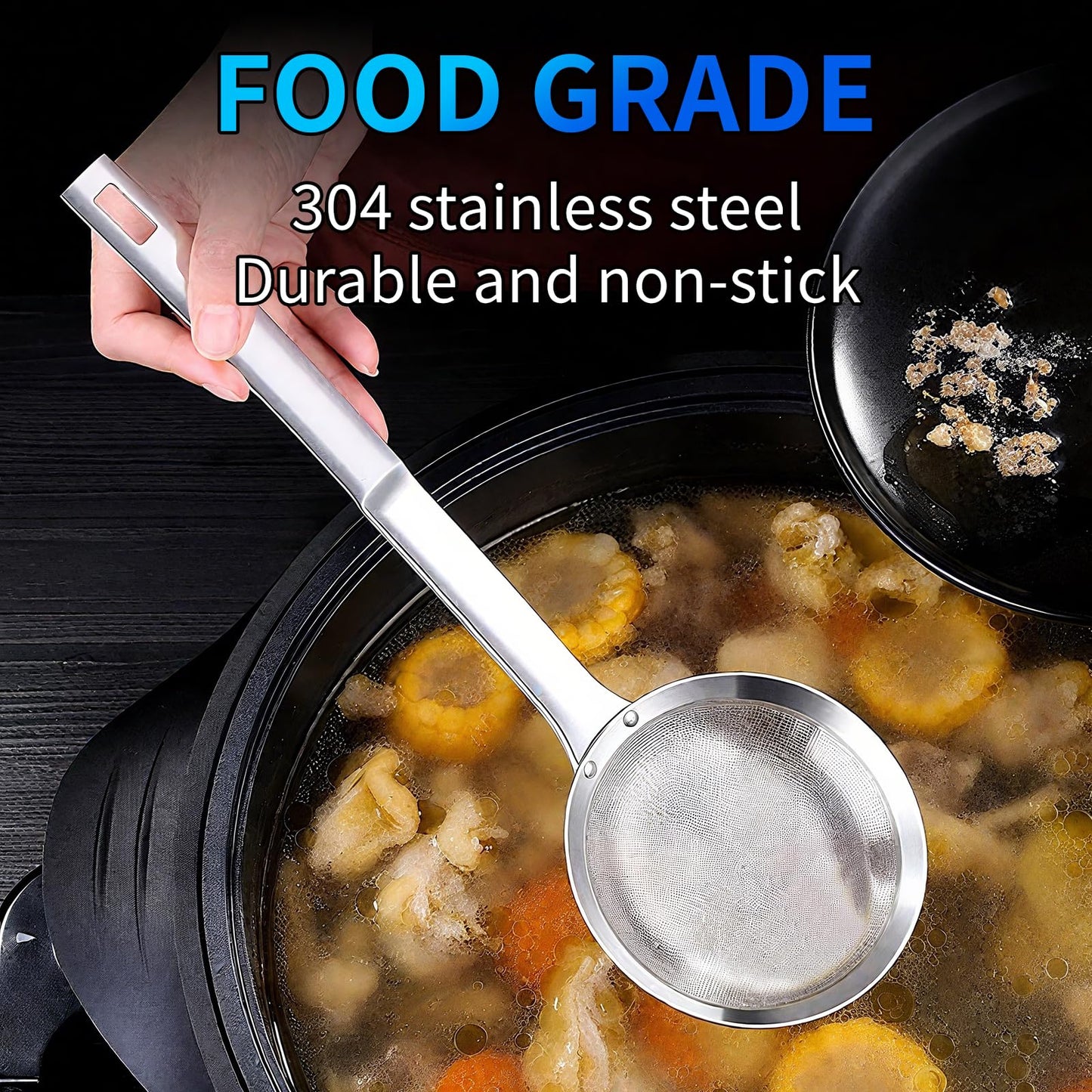 TBWHL Multi-functional Hot Pot Fat Skimmer Spoon - Stainless Steel Fine Mesh Food Strainer for Skimming Grease and Foam DIA 3.1"