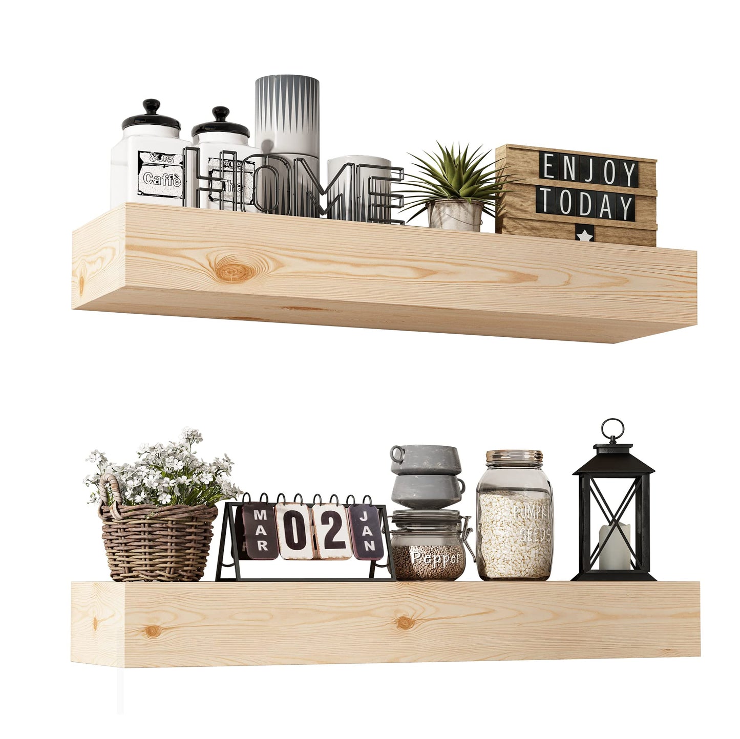 ROOREVO Wall Floating Shelves, Rustic Wood Shelf for Wall Mounted - Wooden Handmade Shelves for Bathroom Kitchen Livingroom - No Stain - DIY(Unfinished, 24 Inch - 2 Pack)