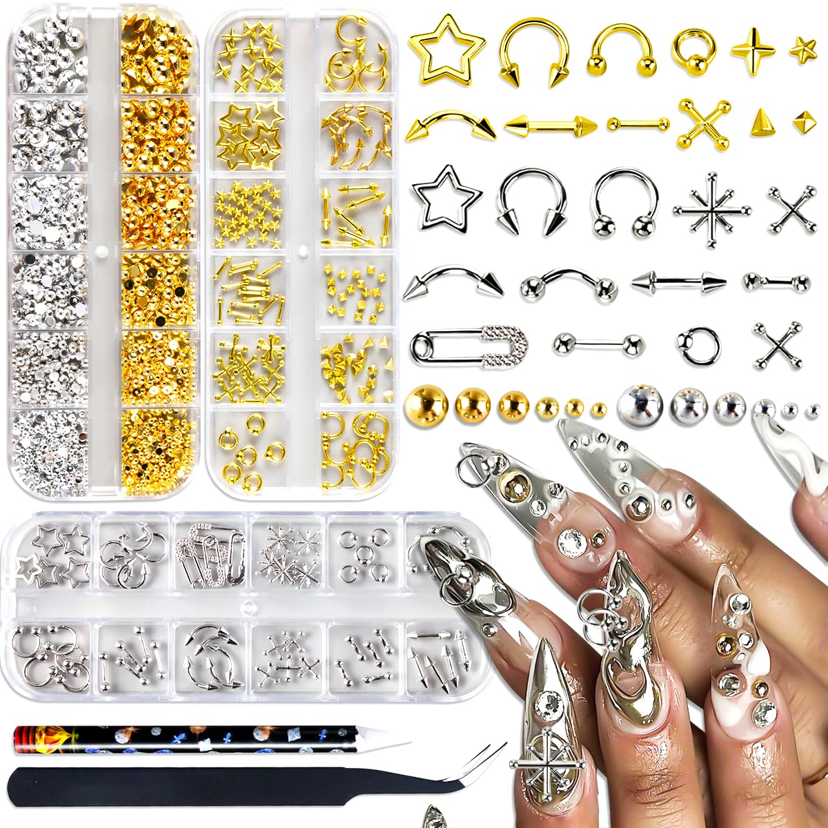 3 Box 12 Grids Goth Nail Art Studs, 3D Gold & Silver Alloy Gothic Punk Nail Charms Y2K Rivet Studs Beads Metal Rings Piercing Manicure Supplies for DIY Nail Art Decorations