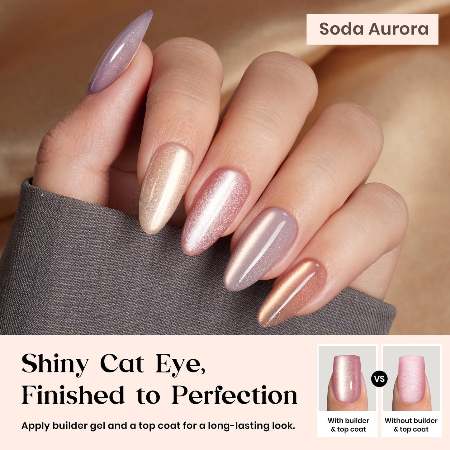 Beetles Cat Eye Nails - 7 Colors Nude Medium Almond Press On Nails | 16 Sizes 224 Pcs Natural Salon Quality Glitter Chasing Light Cateye Nails For Women