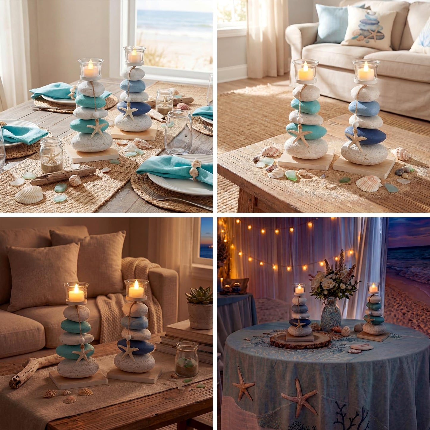 Mumufy 2 Pcs Farmhouse Coastal Candle Holder with Natural Stone Starfish, Stone Candle Holder Blue Teal Ocean Theme Drift Bottle Design Nautical Rustic Decor for Home Bathroom Table Centerpiece