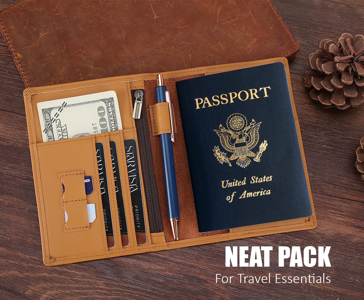 STAR VISTA Phoenix Leather Passport Holder, Calfskin Leather Travel Wallet - RFID Blocking, ID Window, Zipper Pocket, Pen & Notebook Included, AirTag Holder, Honey