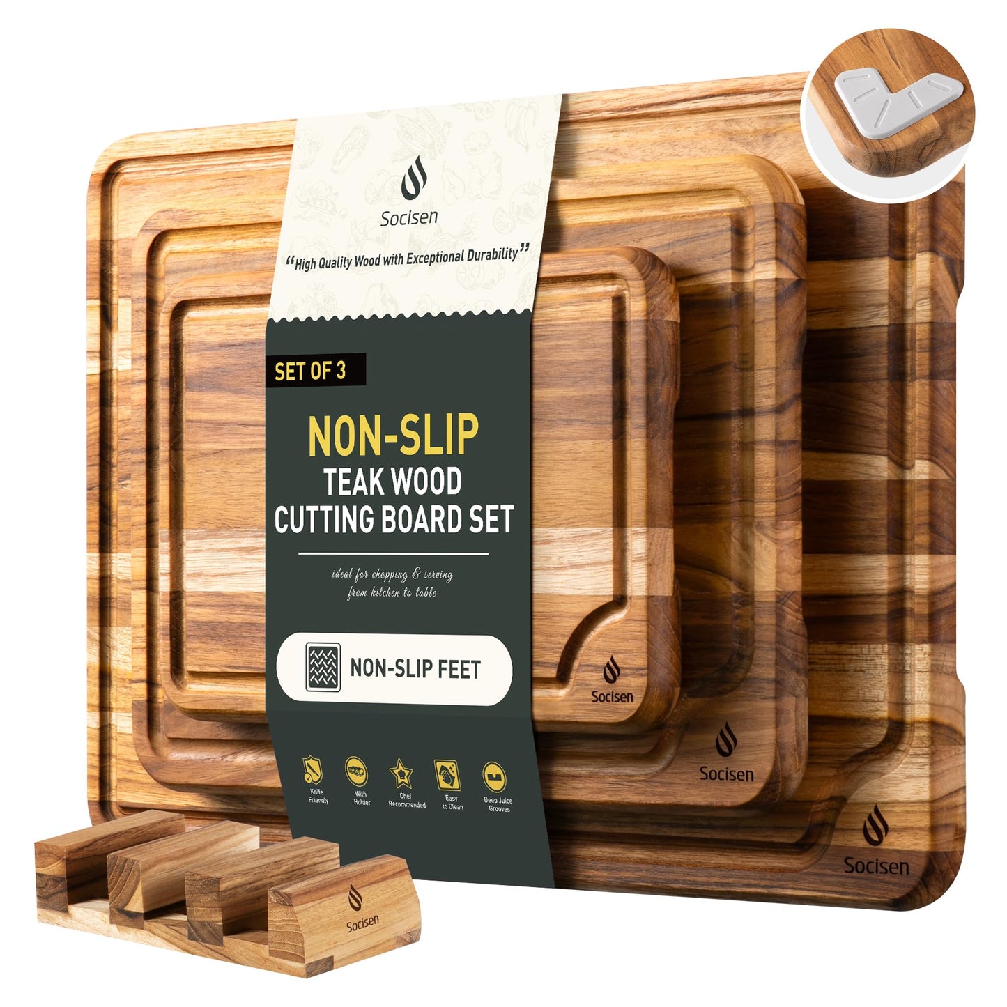 3 Pack Teak Wood Cutting Board Set for Kitchen Charcuterie Board Serving Heavy Duty Non Toxic Slip Over Sink Solid Thick Haus Wooden Chopping Board Large Big Small Meat Best Kitchen Essential Gift
