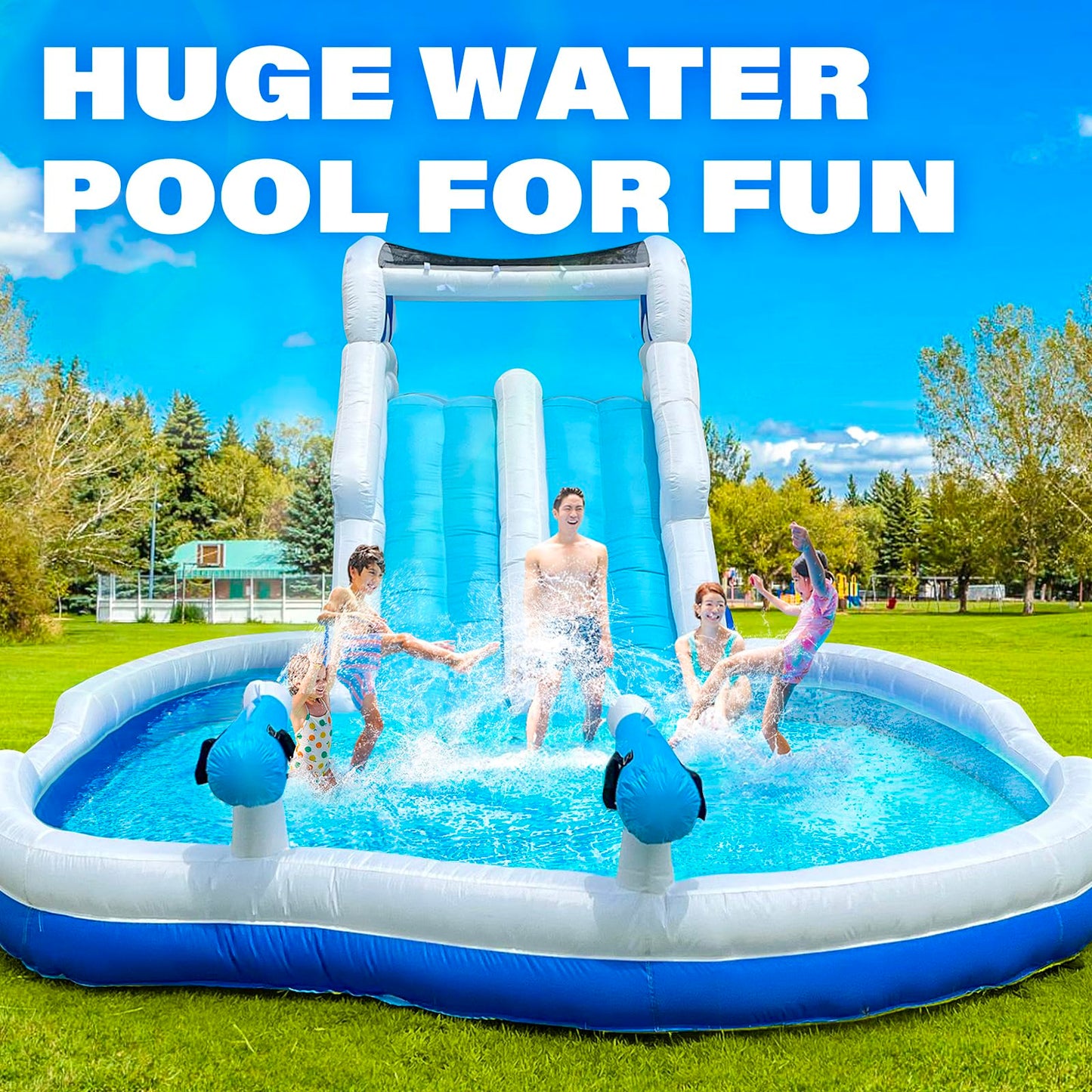 Inflatable Double Water Slide-17.7FT Large Climber Inflatable Water Park for Big Kids 5-10-Huge Splash Pool-Easy to Set Up & Inflate with Air Blower,Carrying Case,Water Pipe,Storage Bag-Bule