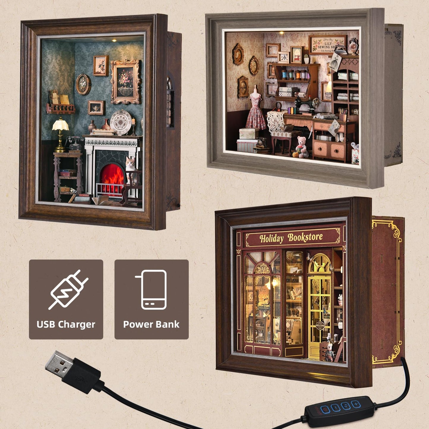 Book Nook Kit-3D Wooden Puzzle with LED Switch Control & Wall-Mountable Frame,DIY Miniature House for Beginners,Bookshelf/Tabletop/Wall Decor for Craft Lovers,Dollhouse Gift,Holiday Bookstore