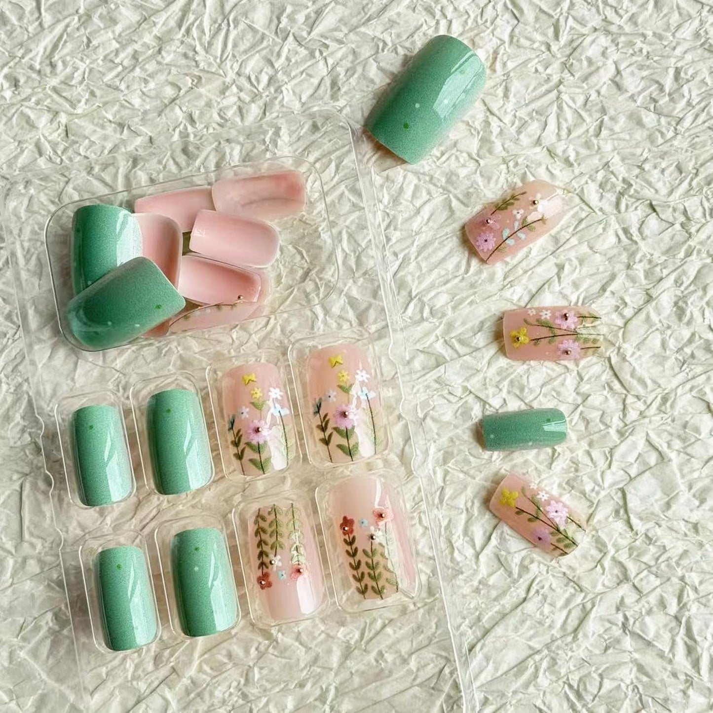 24pcs Green Press on Nail Medium Length Square Fake Nails with Flower designs Spring False Nails Glossy Cute Glue on Nails Full Cover Acrylic Stick on Press ones for Women Summer Manicure