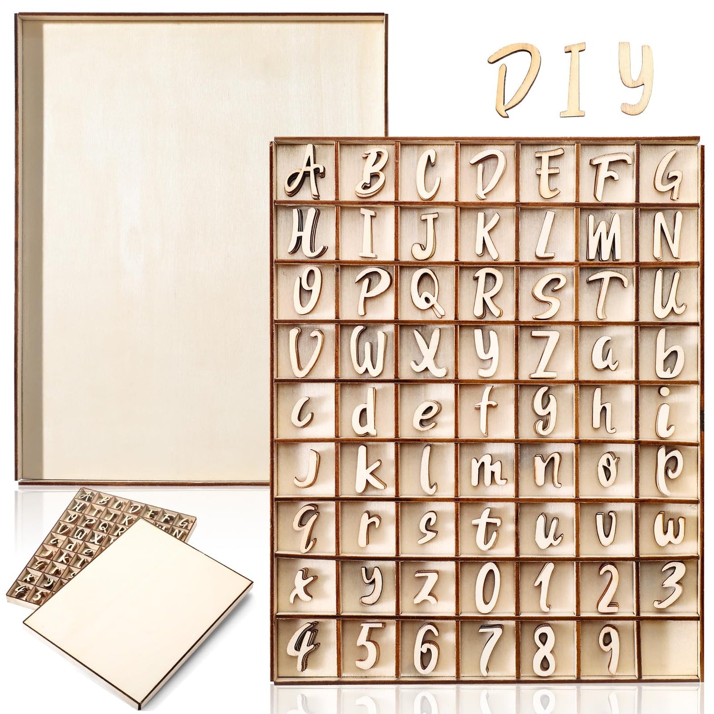 Geelin 248 Pcs 1 Inch Wood Alphabet Letters Numbers with Storage Box Blank Unfinished Wooden Letters Numbers with Rustic Storage Tray for Spelling Learning Education DIY Crafts