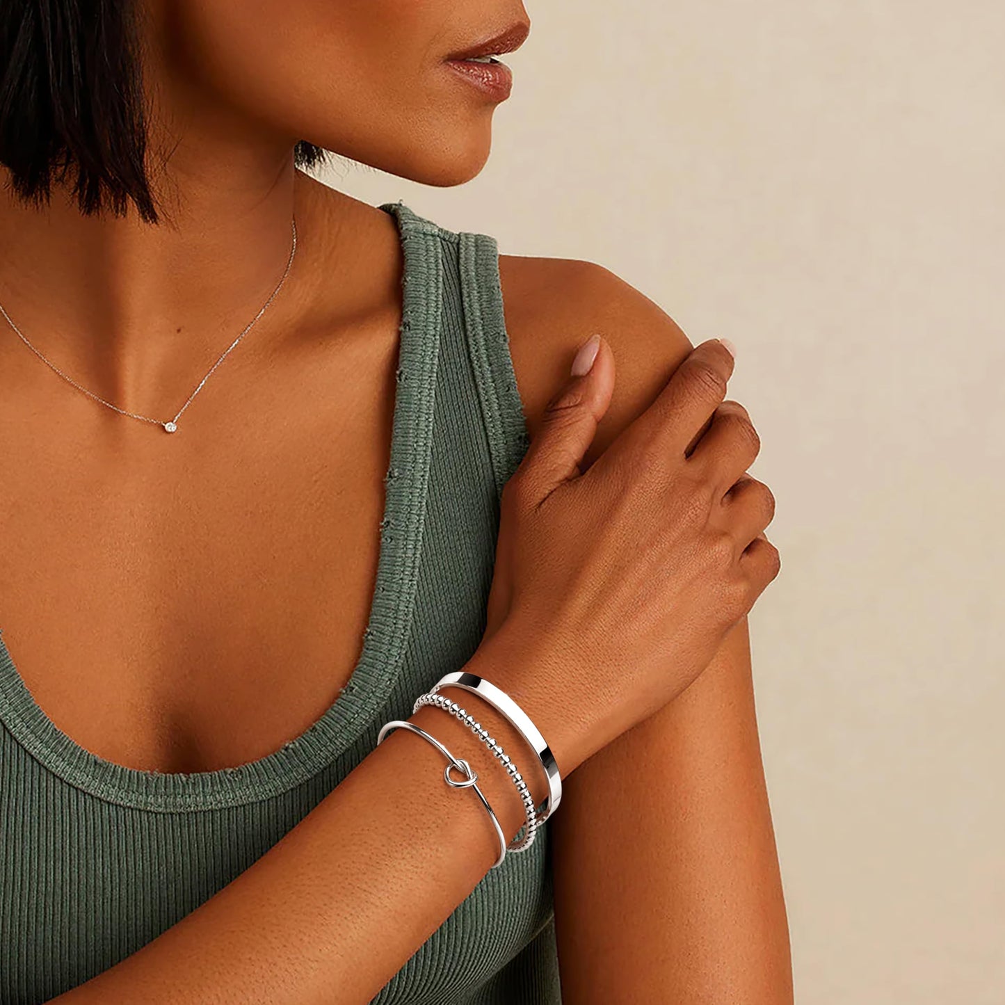 Poxtex Silver Cuff Bracelets Set for Women, Silver Bangle Link Chain Bracelets, Trendy Stackable Waterproof Jewelry Gifts Adjustable