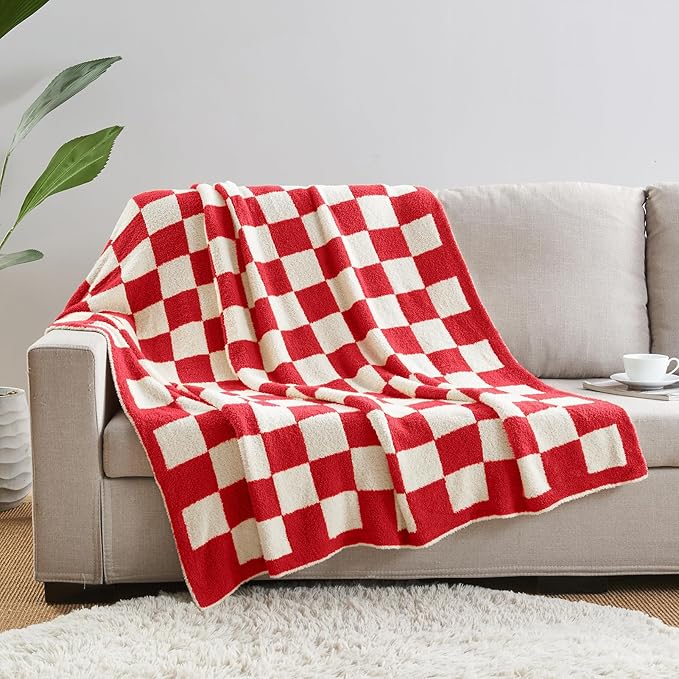 CozeCube Checkered Blanket, Ultra Soft Cozy Christmas Red and White Throw Blanket, Warm Cozy Knit Fuzzy Plush Checkerboard Throw for Couch Bed Sofa, 60"x80"
