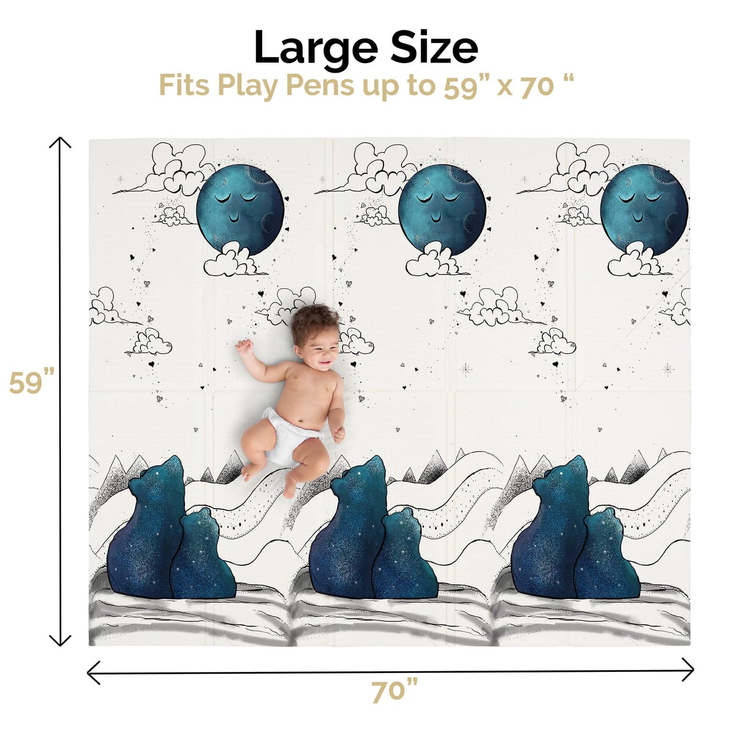 JumpOff Jo Foldable Foam Play Mat – Large Waterproof Baby & Toddler Activity Floor Mat, Double-Sided 70 x 59 Inch Play Surface - Galaxy Bears
