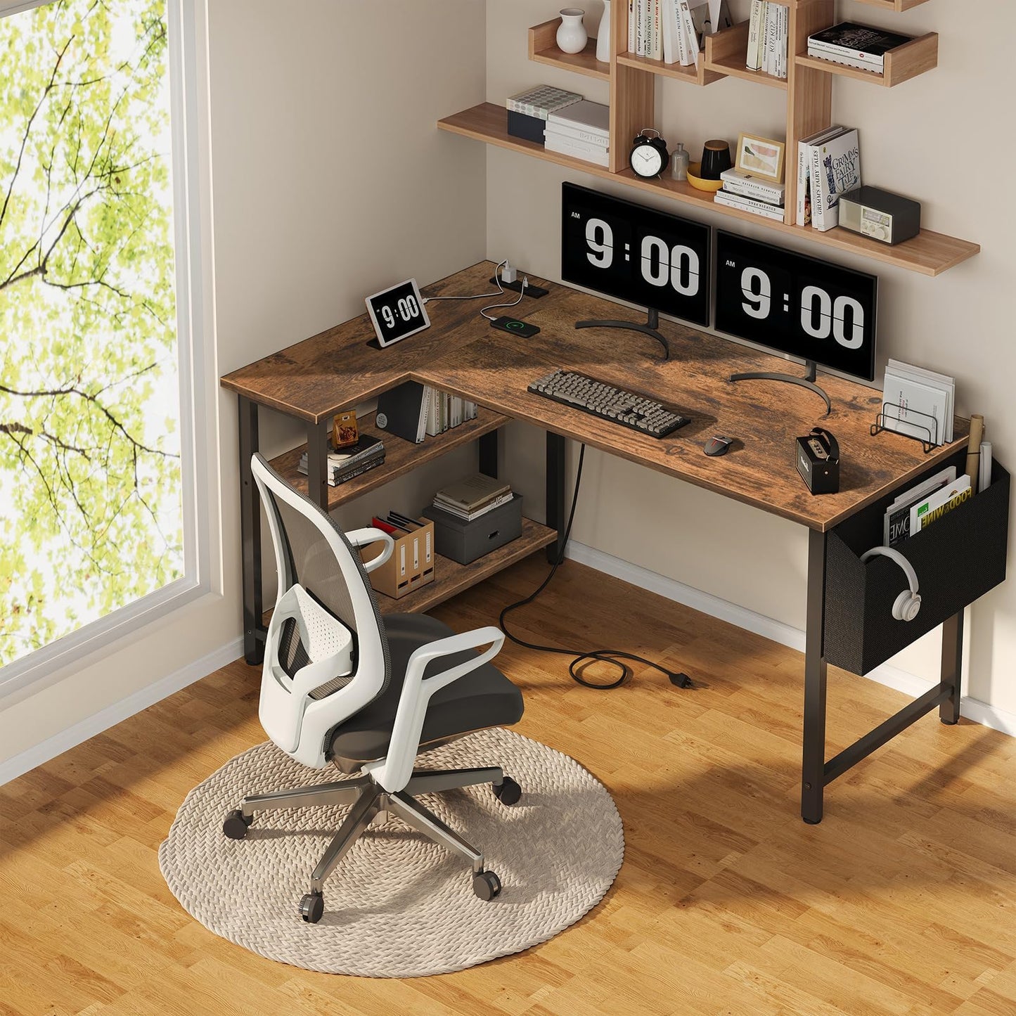 Lufeiya L Shaped Computer Desk with Power Outlet Shelves, 47 Inch Corner Desk for Home Office Bedroom, L-Shaped Study Writing Working PC Desks, Rustic Brown