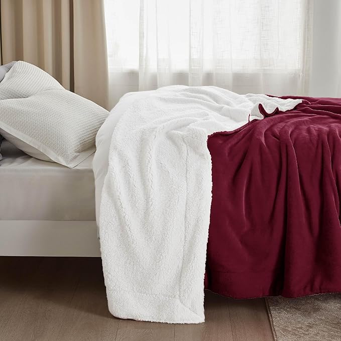 Bedsure Sherpa Fleece Blankets King Size for Bed - Thick and Warm, Soft Fuzzy Plush King Blanket for Winter, Winery Red, 108x90 Inches