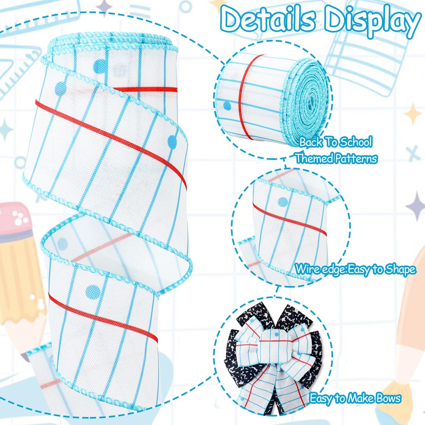 Whaline Back to School Wired Edge Ribbon 2.5 Inch Notebook Composition Fabric Wrapping Ribbon for First Day of School Classroom Party DIY Crafts Wreath Bow Making, 2 Rolls, 20 Yard