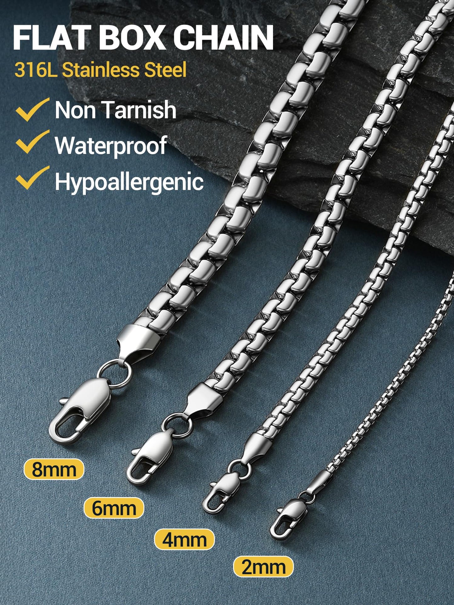 PROSTEEL Stainless Steel Mens Chain No Tarnish & Durable Flat Box Hip Pop Mens Jewelry, with Gift Box