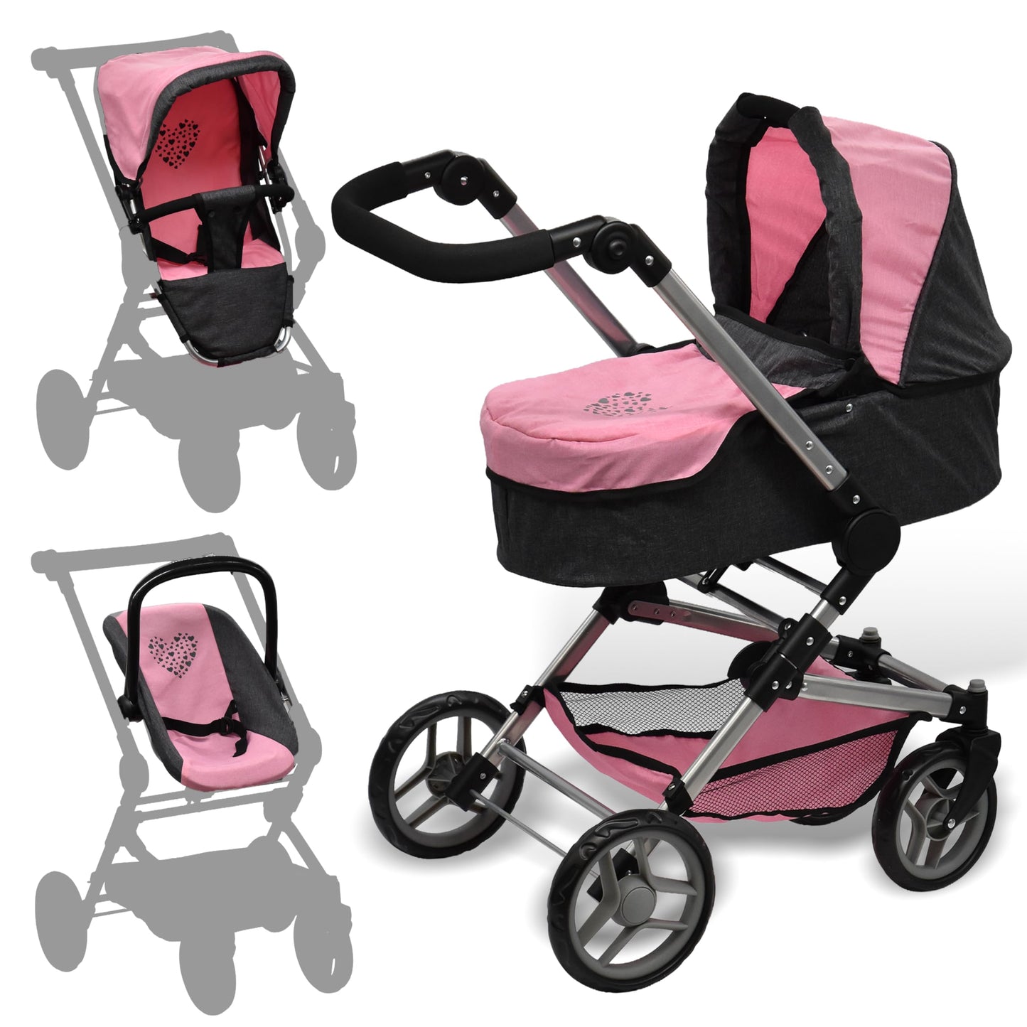 Baby Doll Convertible Stroller 3 in 1 Bassinet and Rear Facing Seat Buggy Foldable Toy Pram for Girls Toddlers Kids Swiveling Wheels Travel System Carriage Combo