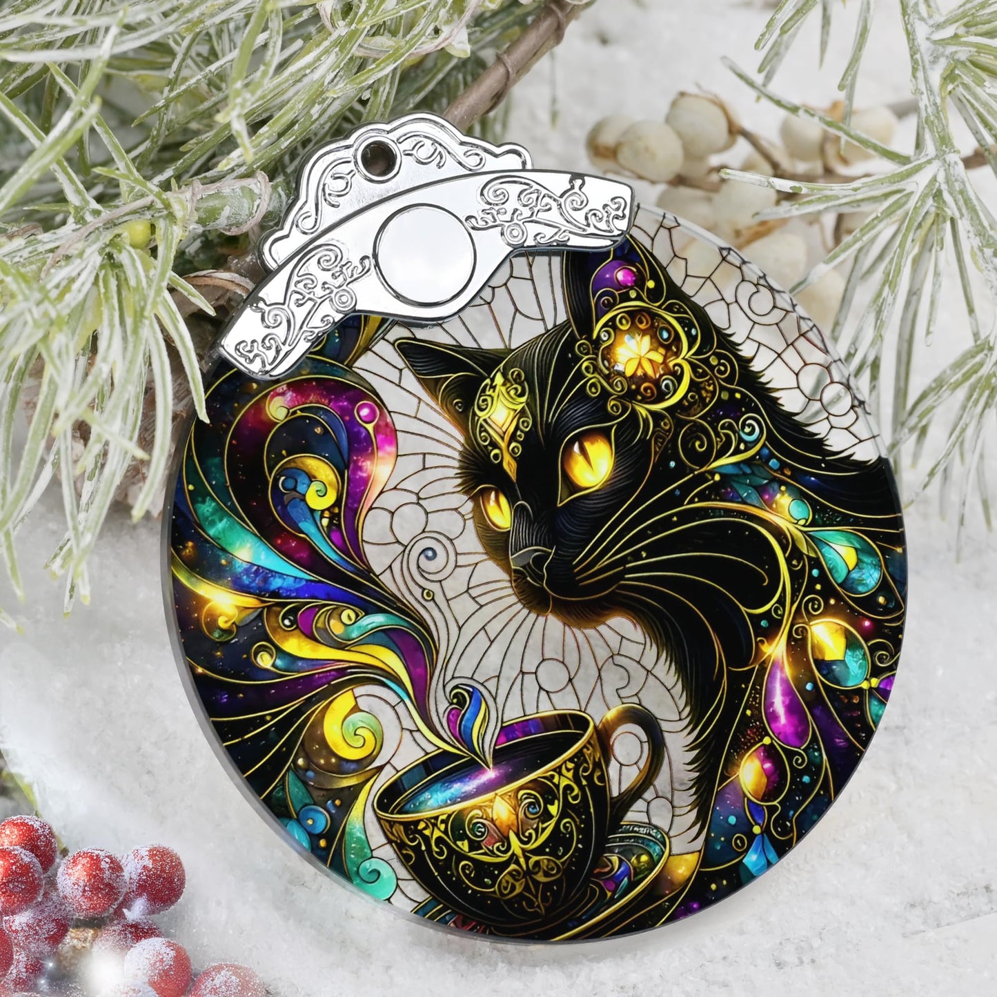 Stained Glass Cat Christmas Tree Ornaments - Black Cat Xmas Gift for Friend, Family or Coworker