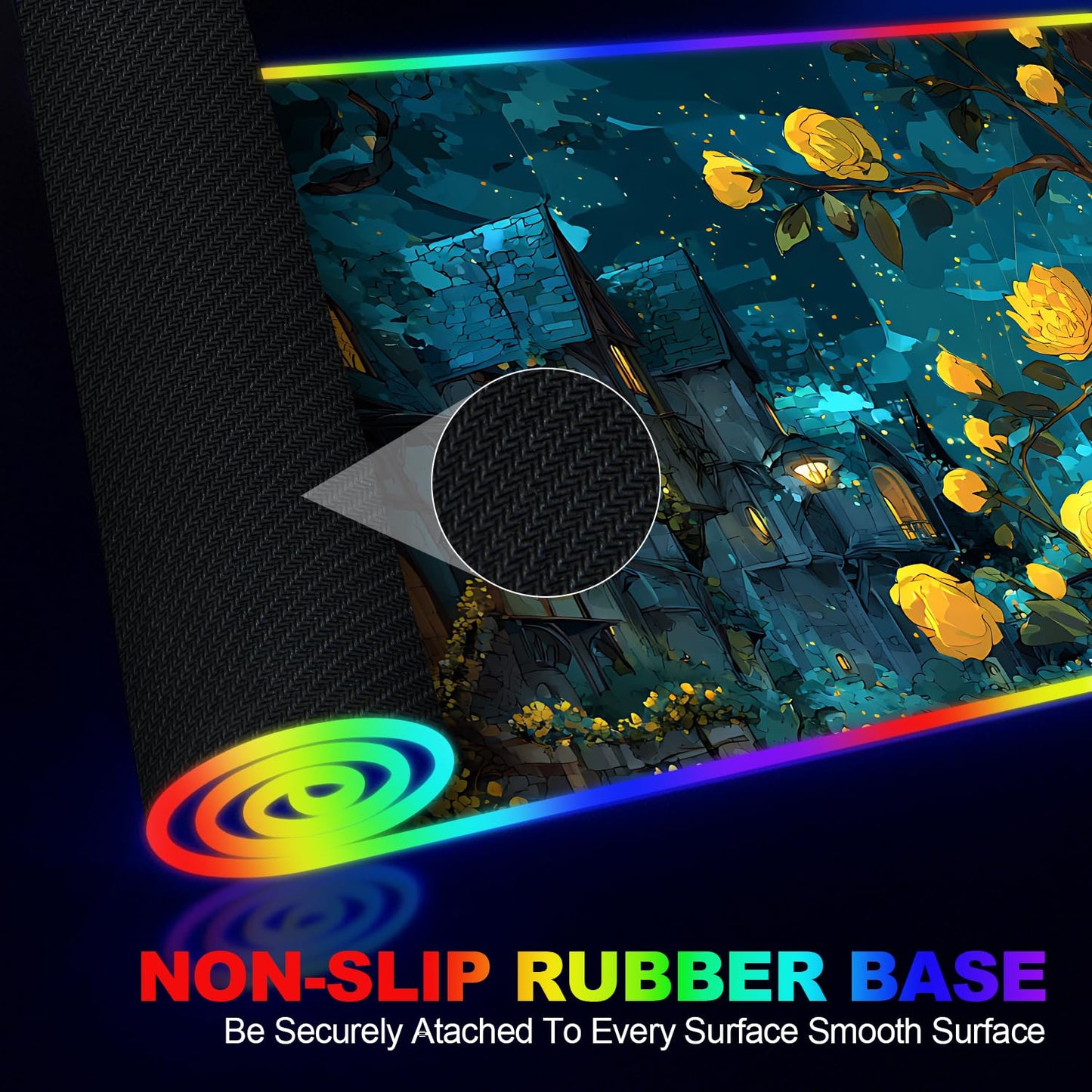 Wireless Charging RGB Gaming Mouse Pad, 31.5 x 11.8 Inch Extended Mouse Mat with Fantasy Castle & Rose Design, LED Desk Pad with 7 Lighting Modes, Non-Slip Base for Gaming & Office