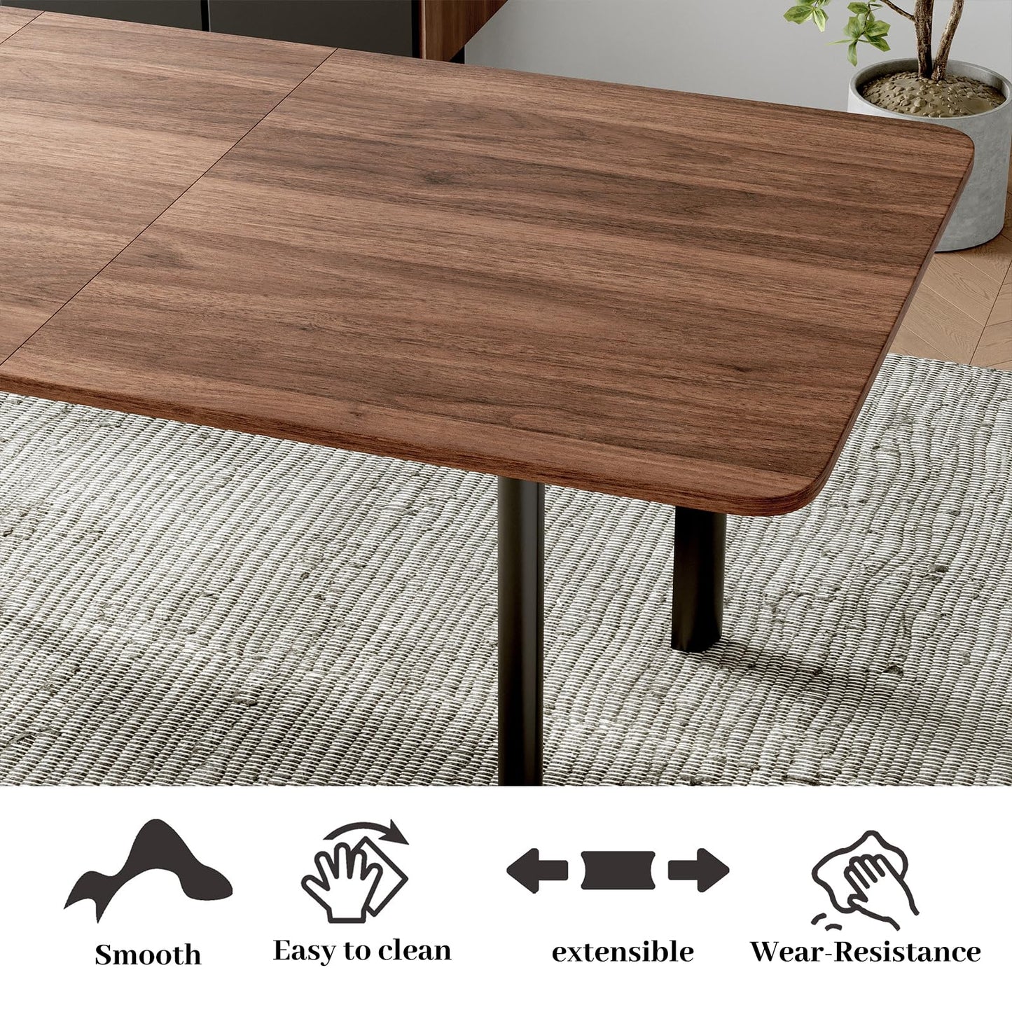 HIPIHOM 63"- 78.7" Extendable Dining Table Set for 6, 4-6 Person Modern Kitchen Table with 6 Brown Upholstered Dining Chairs, Thickened Expandable Wood Table Tops with Metal Bases, Walnut Dinner Table