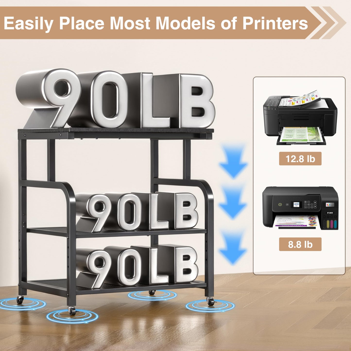 niffgaff Mobile Printer Stand with Large Desktop - 3 Tier Shelf, 24.4 Inch Height, Wooden Organizer for Home&Office, Black