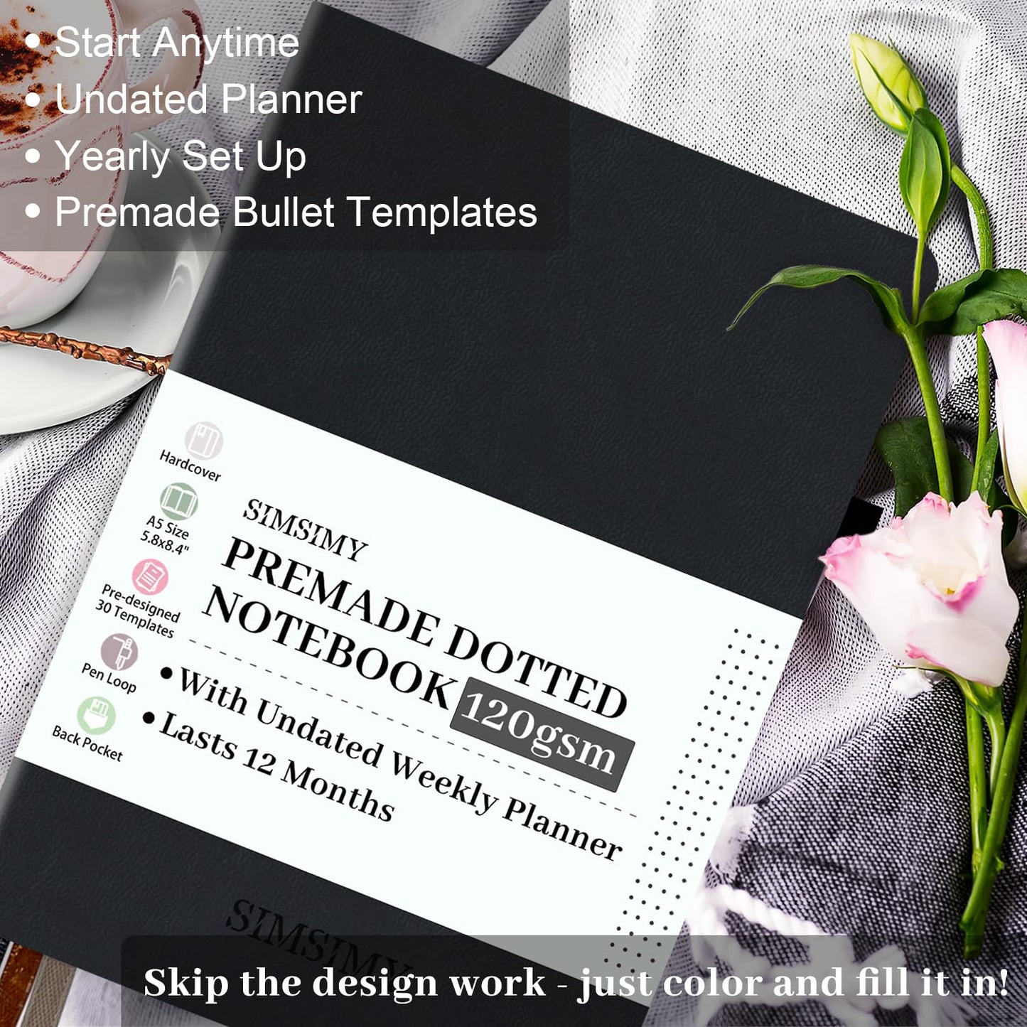 SIMSIMY Premade Dotted Journal Notebook with Bullet Templates, Pre-made Dot Grid Journaling with Undated Weekly & Monthly Planner, Various Trackers, Lasts 1 Year, A5