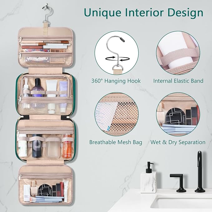 Wedama Toiletry Bag for Women, Hanging Travel Toiletry Bag with Jewelry Organizer Compartment Large Makeup Bag, PVC Waterproof Cosmetic Travel Bag Trips Camping Bathroom, Green+Brown
