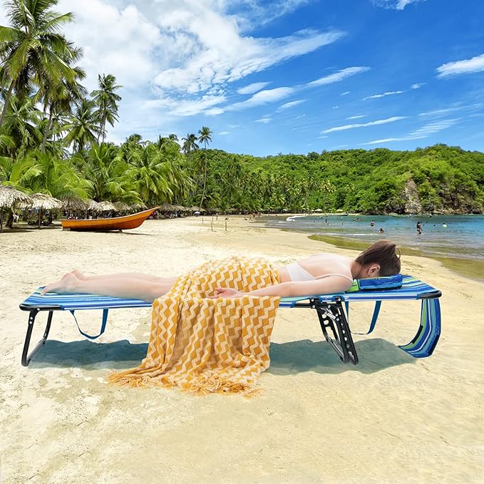 GYMAX Tanning Chair, 350lbs Beach Lounge Chair with Face Hole, Washable Pillow & Carry Strap, Adjustable Folding Chaise Lounge, Layout Lounger for Outside, Patio, Poolside, Lawn (2, Stripe)