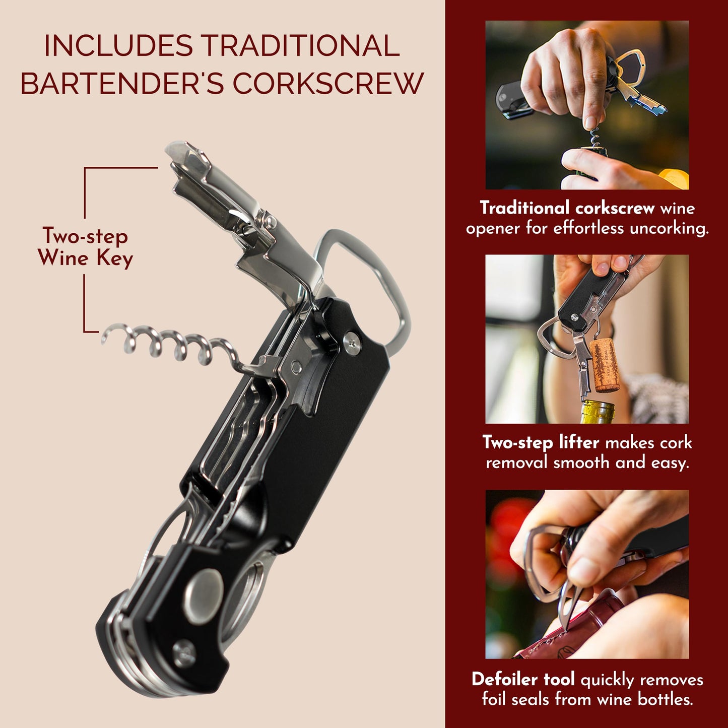 Bar Star Bartender's All-in-One Bar Tool Set: Corkscrew, Zester, Citrus Knife and Bottle Opener Kit with Magnet for Picnics, Tailgating, BBQs, Camping, Travel, Beach Parties and Bartending, Black