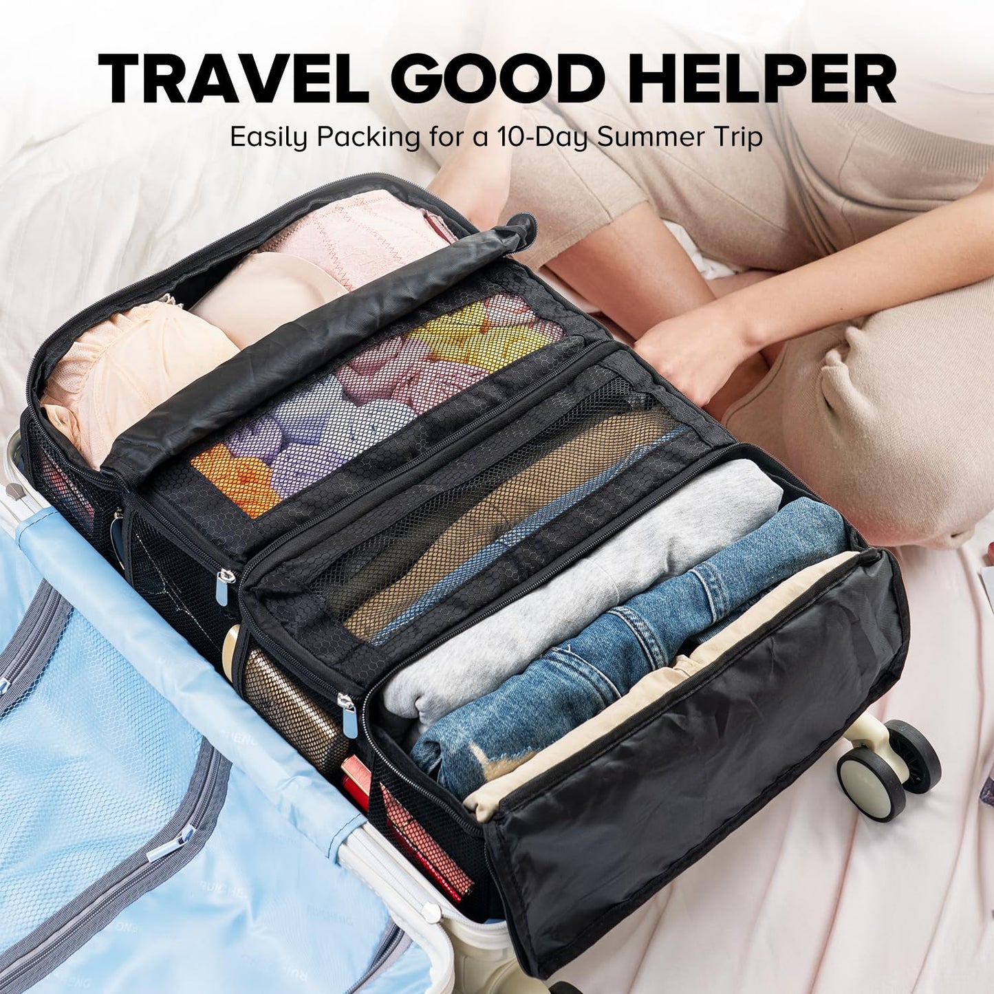 Vokelater Suitcase Organizer - Travel Luggage Organizer with Hanging Shelves & Packing Cubes - Collapsible, Portable, Carry-on, Medium, Black