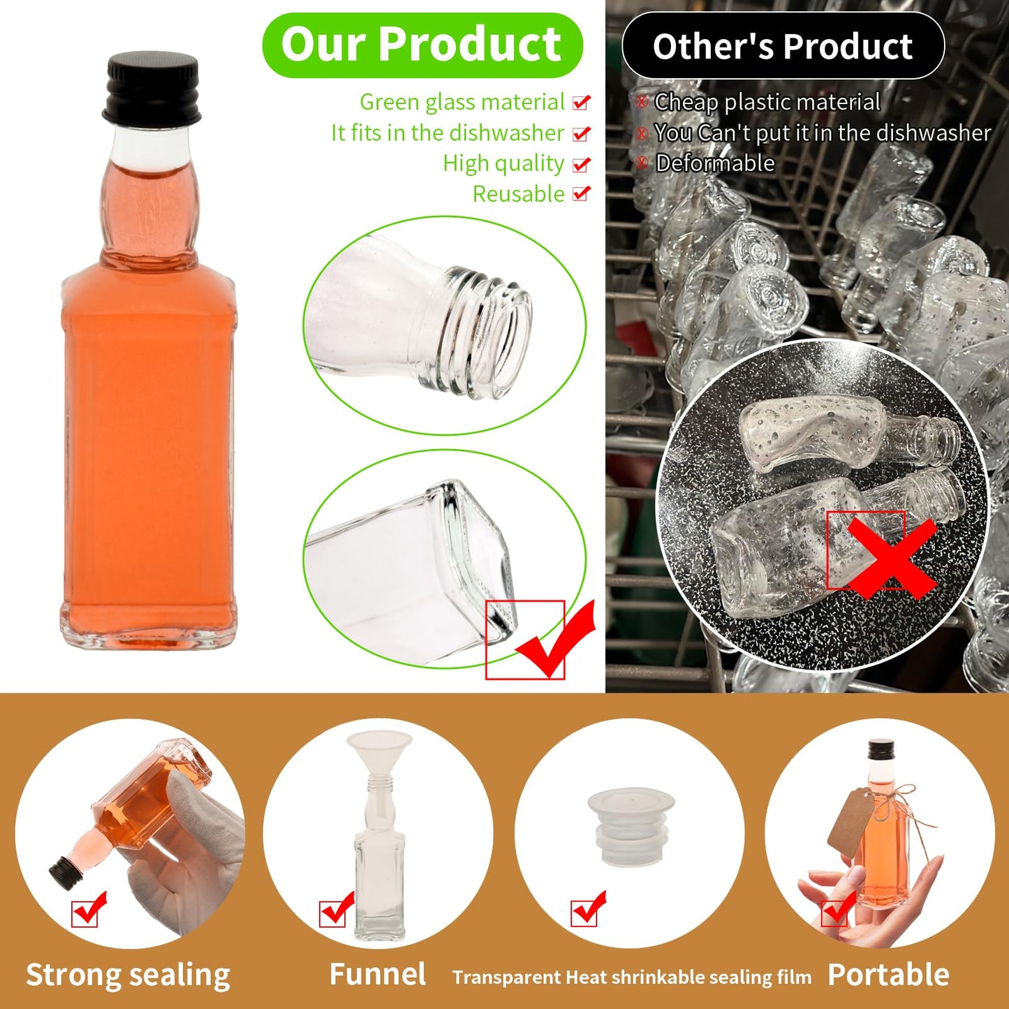 eispap 25 Pcs Square Mini Glass Liquor Bottles with Lids Small Glass Wine Bottles Reusable Empty Alcohol with Aluminum Black Screw Cap (25 Pcs 1.7 OZ Glass Bottles)