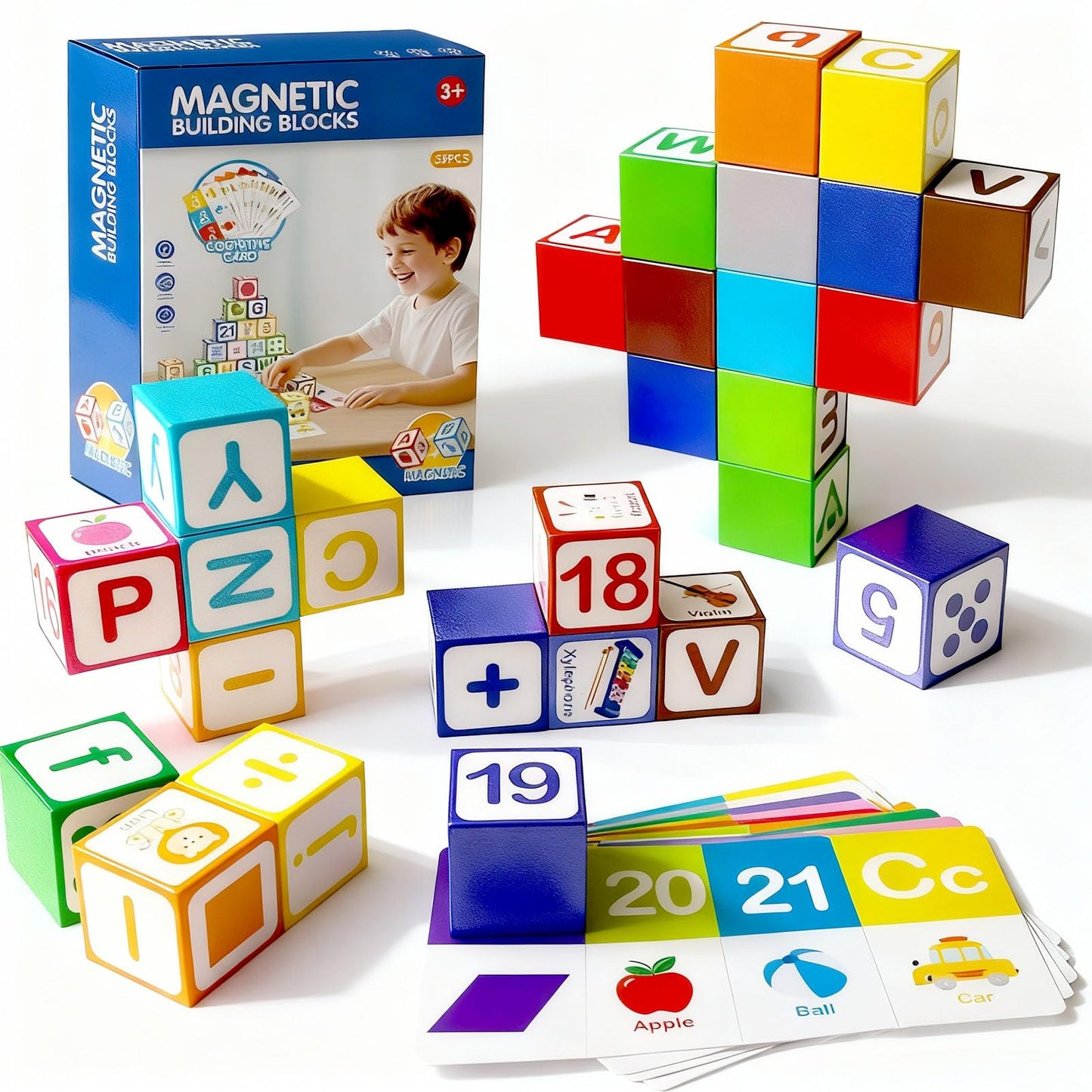 ChainnForces 26-Piece Magnetic Blocks for Toddlers 1-3 | STEM Learning Toys with ABC, 123, Animals | Includes 9 Early Learning Cards