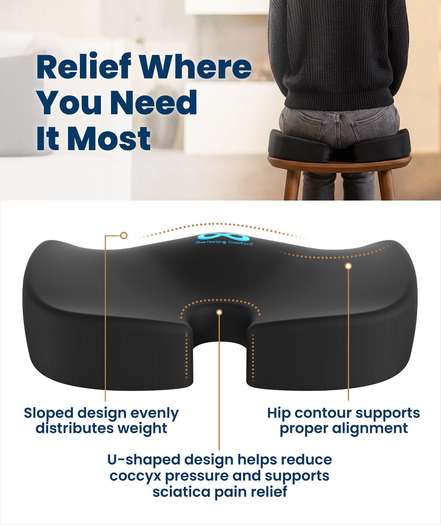 Everlasting Comfort Doctor Recommended Memory Foam Seat Cushion for Office Chairs & Car - Ergonomic Office Desk Accessories - Cushions for Tailbone Pain Relief, Sciatica (Black, Large)