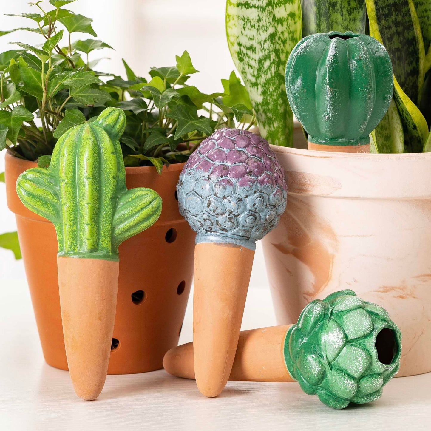 4 Pack Watering Globes - Terra Cotta Watering Spikes for Indoor Plants, Handcrafted Cactus Shape Self Watering Devices with Slow Release System, Plant Water Bulbs for Vacation & Outdoor Pots