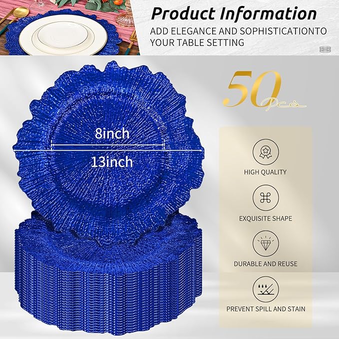 Pesonlook 50Pcs Royal Blue Charger Plates Round 13inch, Reef Plate Chargers for Dinner, Bulk Plastic Floral Table Charger Plates for Dinner Wedding Party Event Table Setting Decoration(Royal Blue)