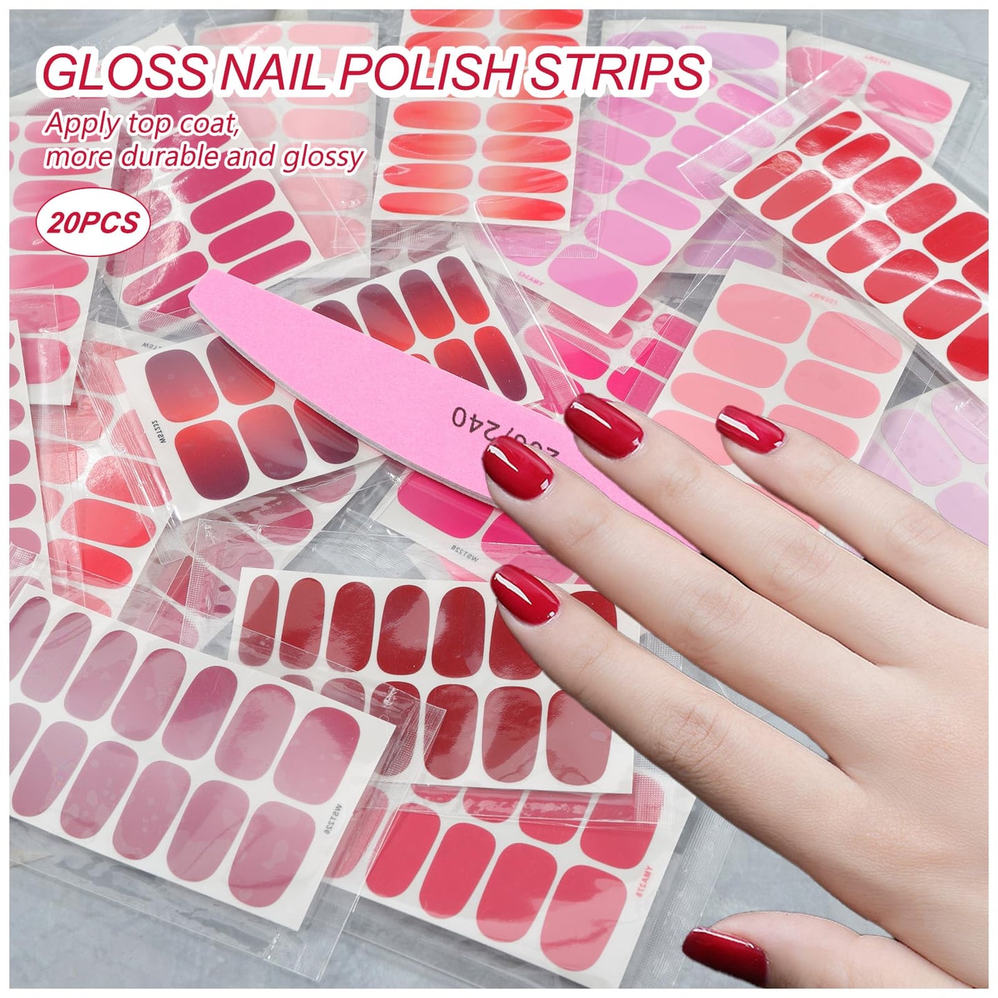 SILPECWEE Nail Polish Stickers, 20 Sheets Pink Solid Nail Stickers Full Nail Wraps with File Self Adhesive Nail Polish Strips Gel Nails Strips Fingernail Nail Art Sticker Nails for Women