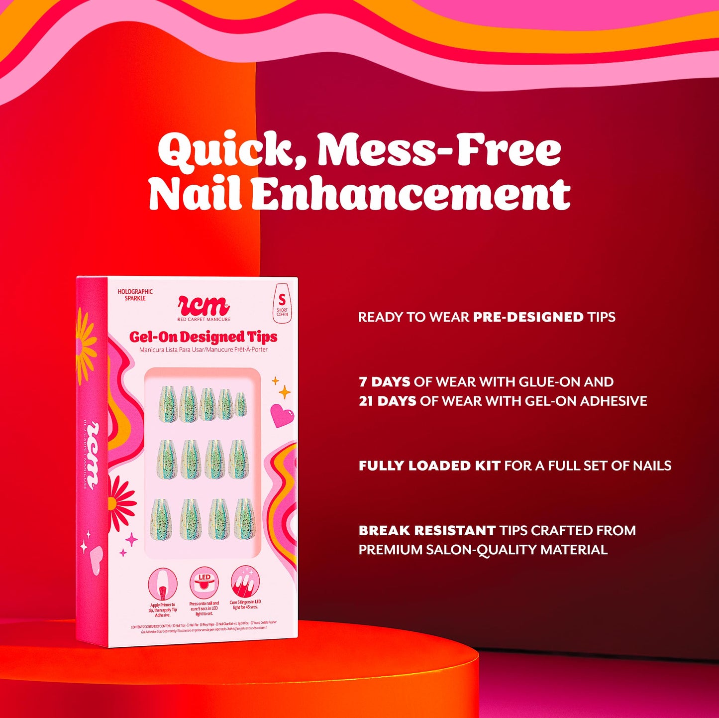 RC Red Carpet Manicure Gel-On Designed Tips - Full Coverage, Flexible, Break-Resistant, 21-Day Wear, UV/LED Cured Gel Adhesion for Natural Look (Holographic Sparkle Short Coffin)