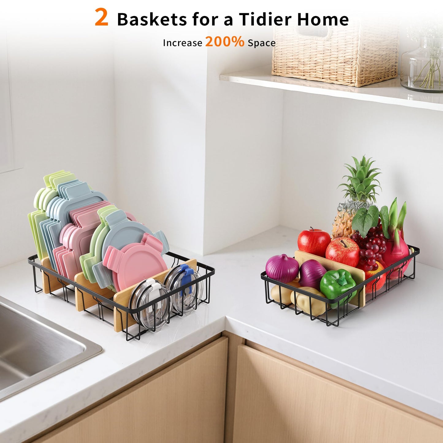 CACHOLIV 2-Pack Adjustable Lid Organizers - Large Kitchen Cabinet Organizer for Food Storage Container and Tumbler Cup Lids with 6 Bamboo Dividers -Organizers in Kitchen/Pantry/Laundry Room(Size:M+L)