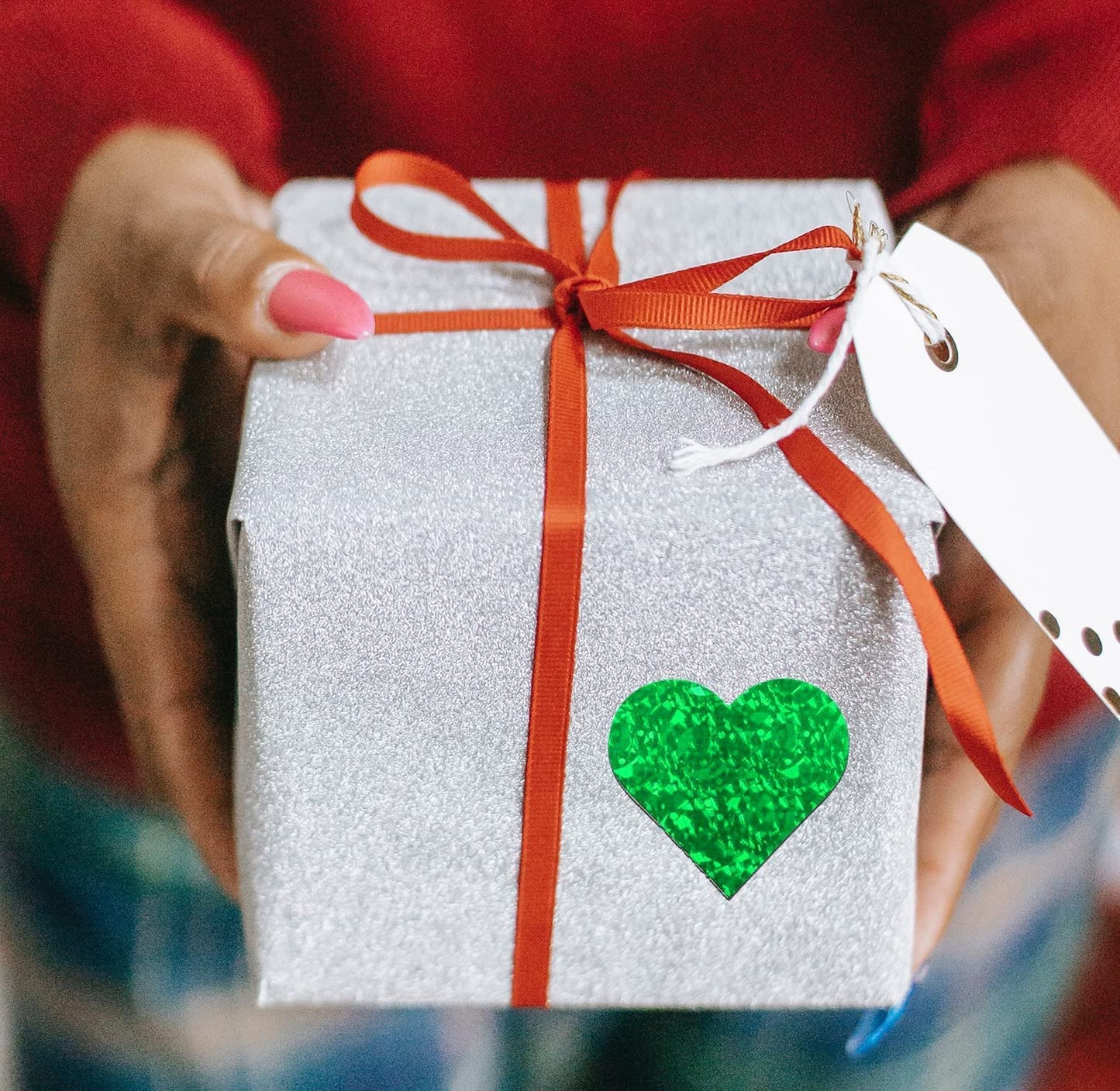 1.5" Glitter Red Heart Stickers and 1.5" Glitter Green Heart Stickers, 2 Roll 1000 Piece